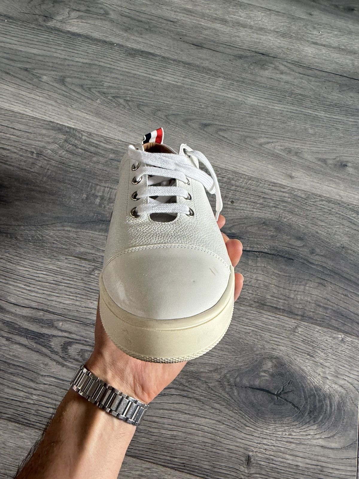 Thom Browne White Pebbled Leather Low-Top Sneakers Size US 7 / EU 40 - 12 Thumbnail