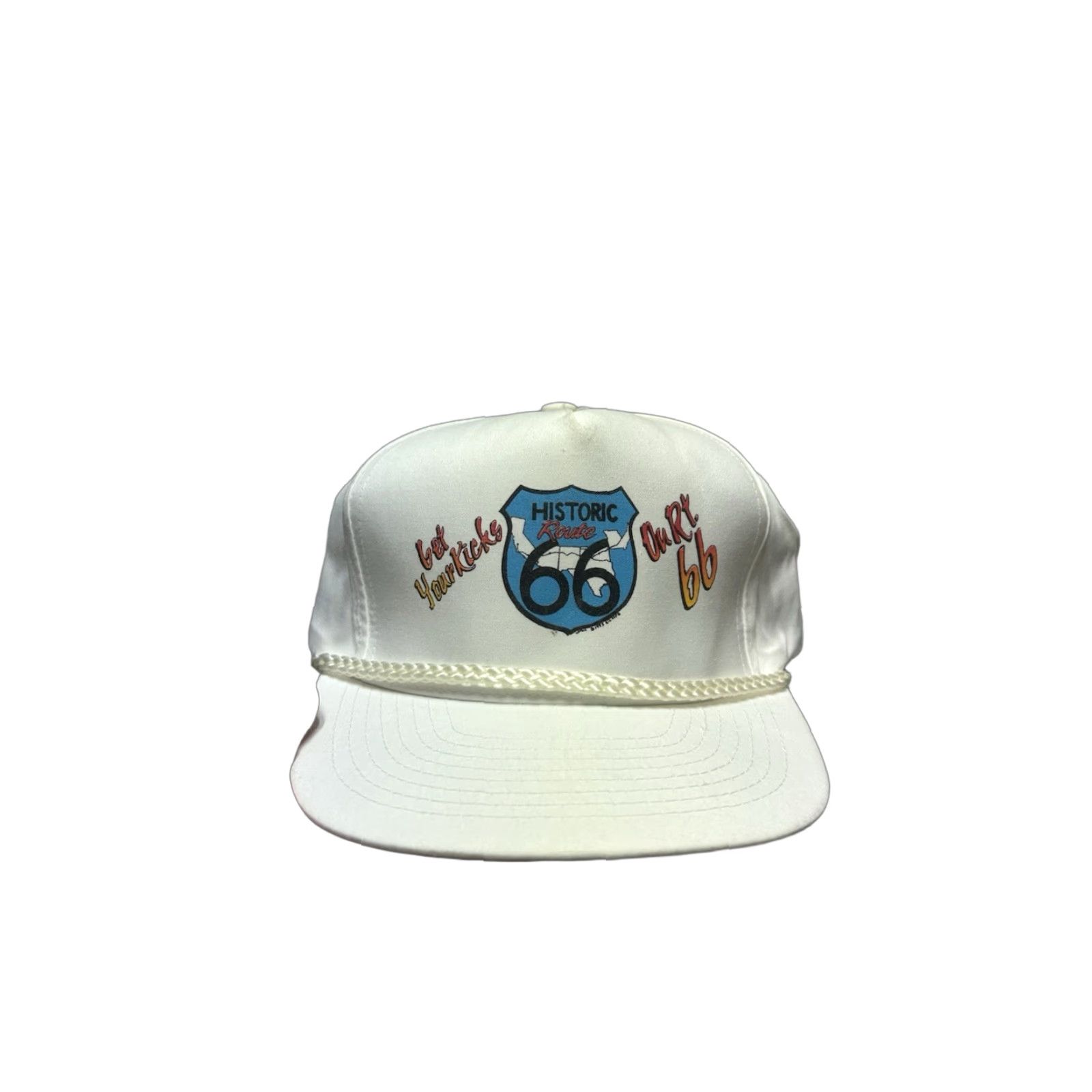 Vintage VINTAGE 90s Strapback Hat Cap White Adjustable Unbranded Men Route 66 Get Your Kicks on Route 66 Mens Size ONE SIZE - 1 Thumbnail