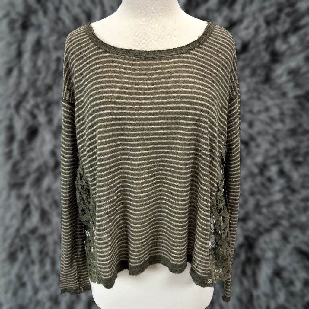 Free People Free People Blouse Women Size Small Olive Linen Stripe 3/4 Sleeve Round Neck Boxy Love Me Do Size S / US 4 / IT 40 - 1 Thumbnail