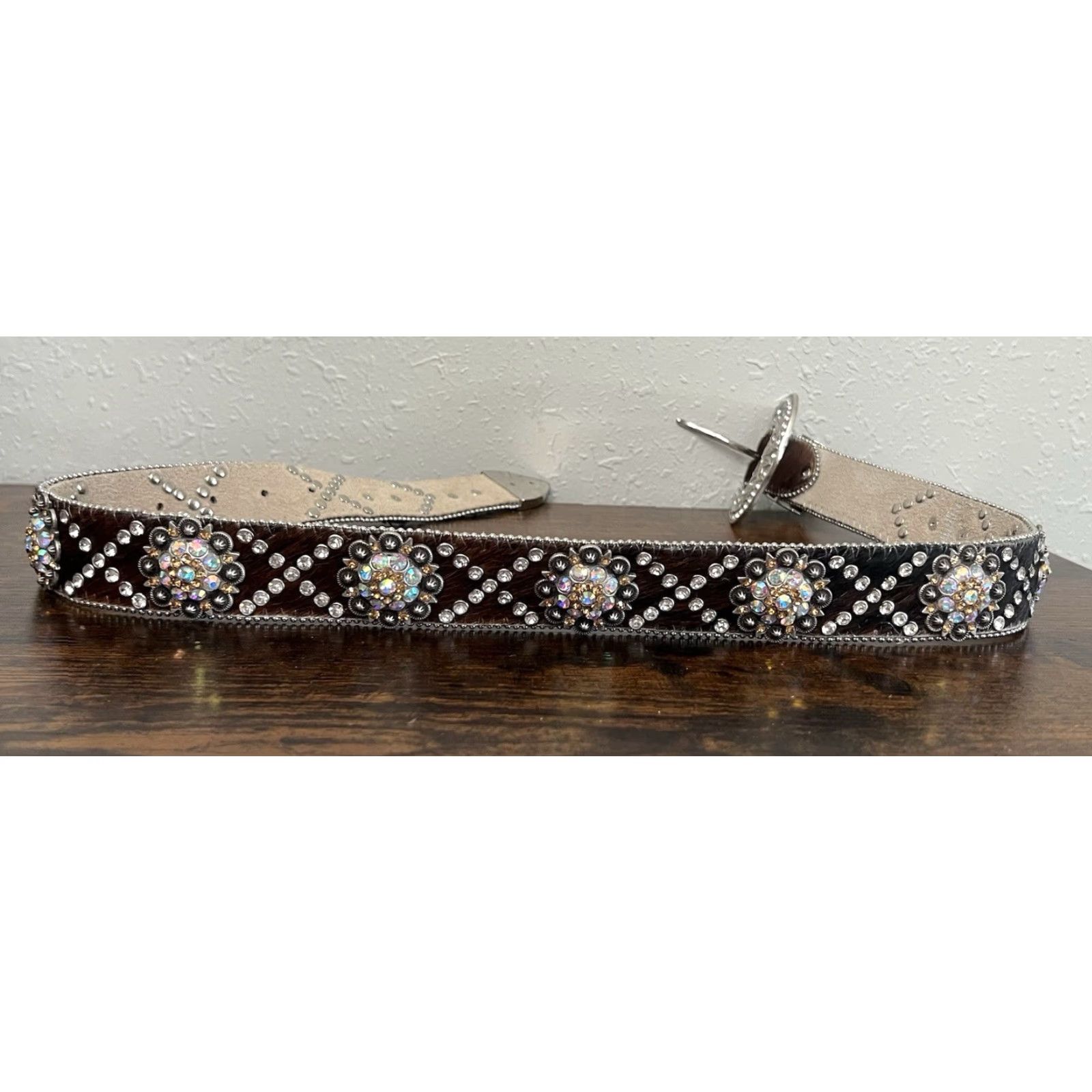 Vintage BHW Bling Rhinestones Leather Hair On Western Cowgirl Belt S/M Women Belt White & Brown Hair On Leather Rhinestone Bling Accent Size ONE SIZE - 5 Thumbnail