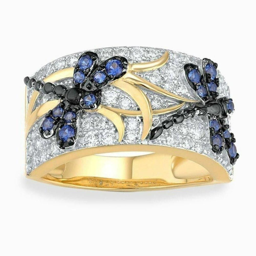 Designer Blue Dragonfly Inlaid Crystal Gold Ring - Size 6 Size ONE SIZE - 3 Thumbnail
