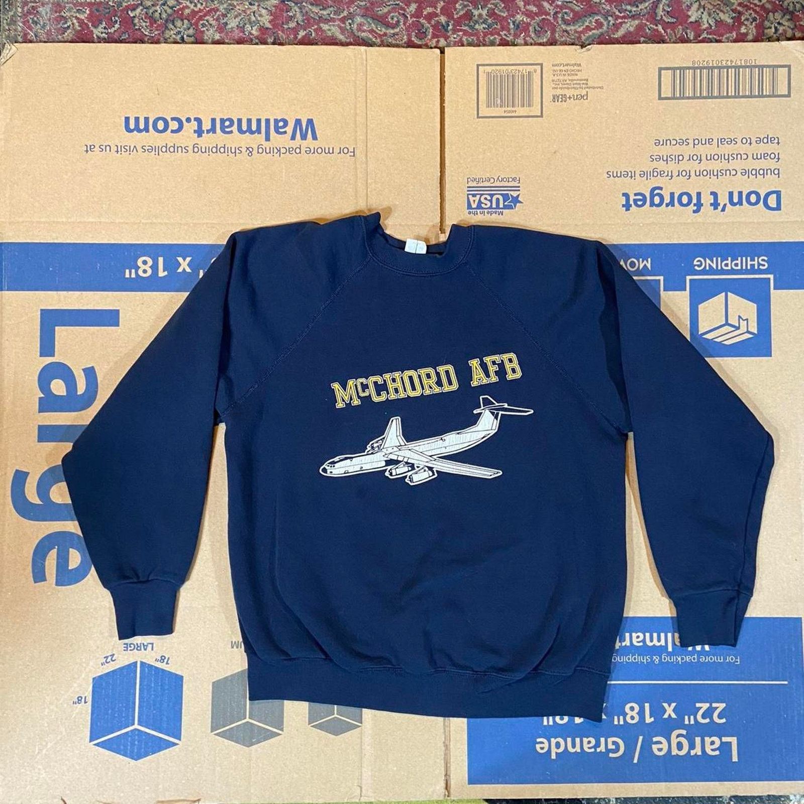 Jerzees Vintage 80s navy crew neck sweater airplane Size US M / EU 48-50 / 2 - 4 Thumbnail