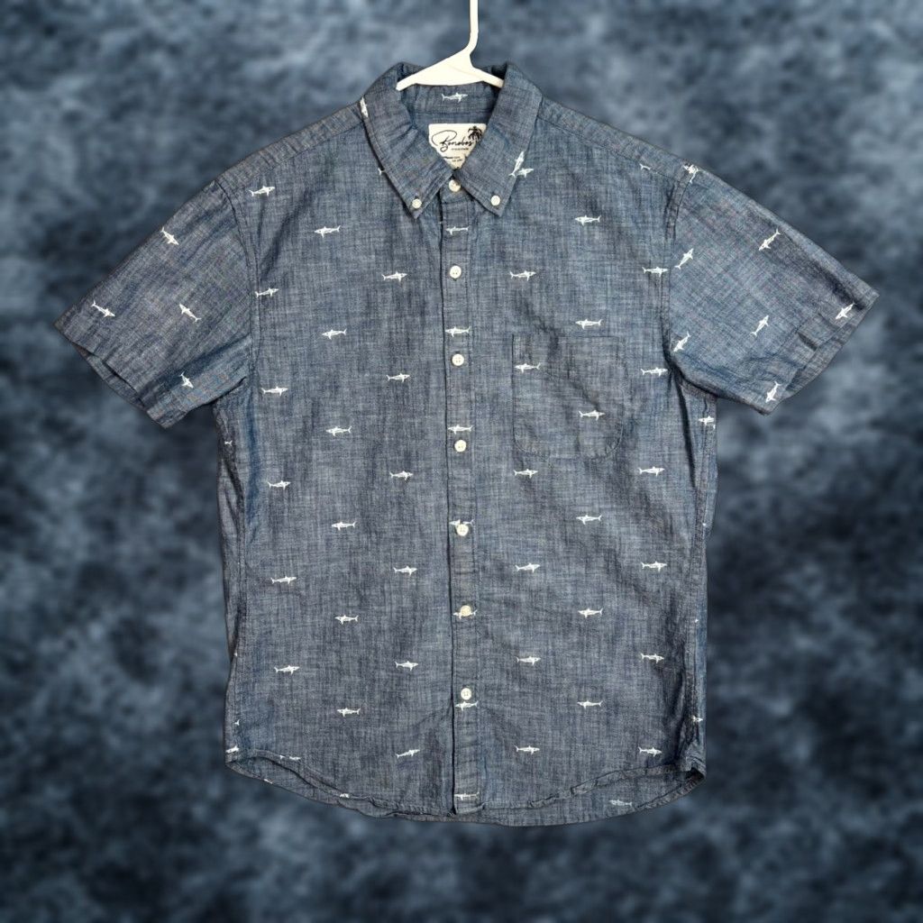 Bonobos Bonobos Shirt Mens Medium Chambray Button-Down Short Sleeve Slim Fit Casual Shark Print Blue Size US M / EU 48-50 / 2 - 1 Thumbnail