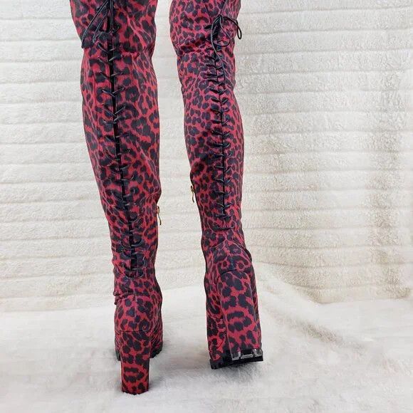 Other Fever Red Leopard Stretch Lace Up Back OTK Chunky Heel Boots Size US 7.5 / IT 37.5 - 9 Thumbnail