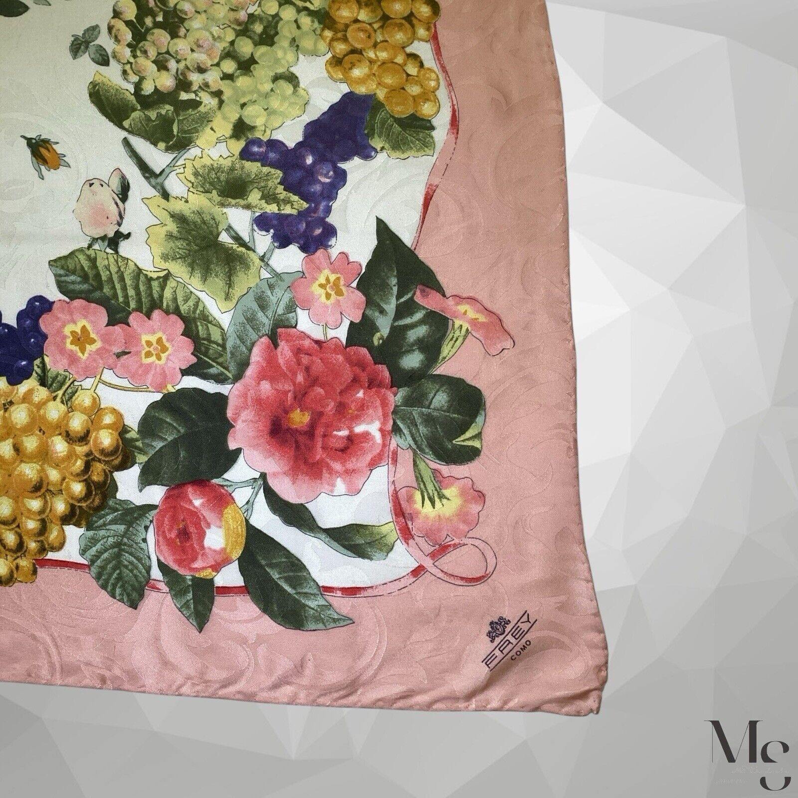 Designer FREY COMO White Pink Floral Print Scarf Silk Italy 35"-34" E Size ONE SIZE - 2 Thumbnail