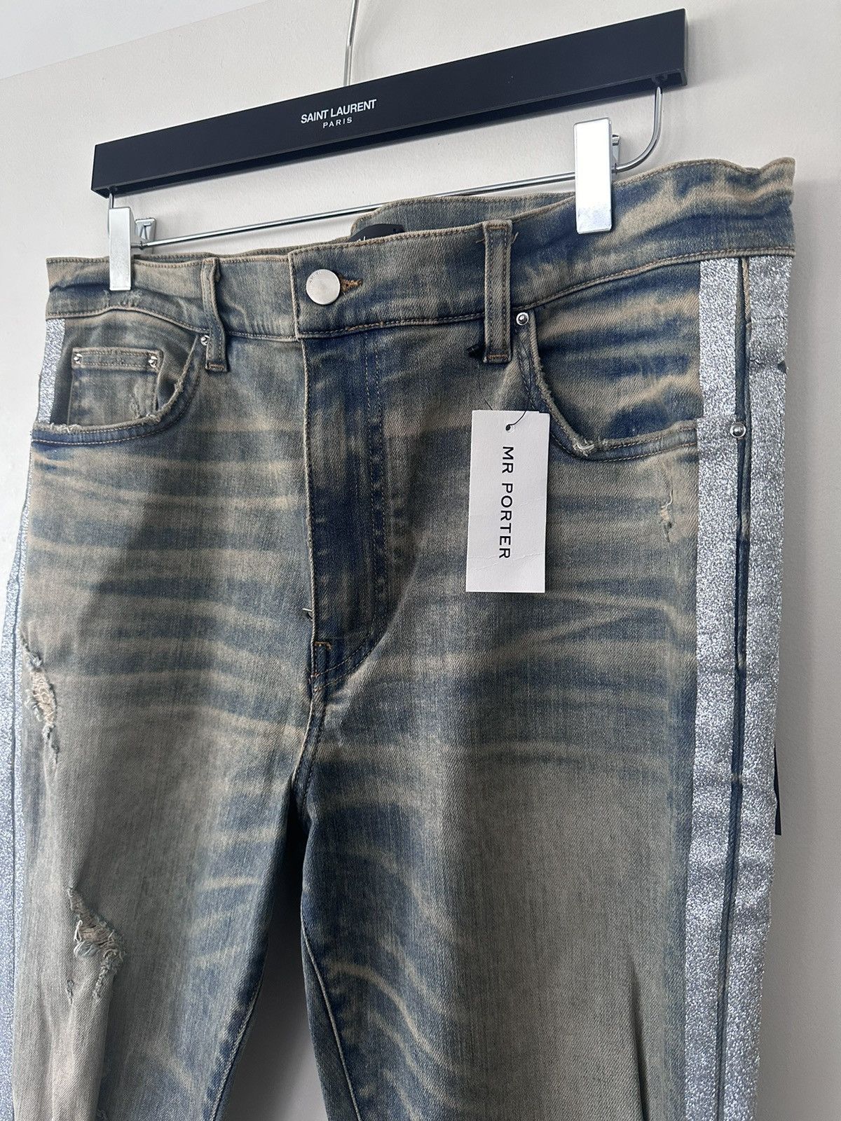 Amiri TRACK DISTRESSED GLITTERED STRETCH DENIM JEANS Size US 38 / EU 54 - 4 Thumbnail