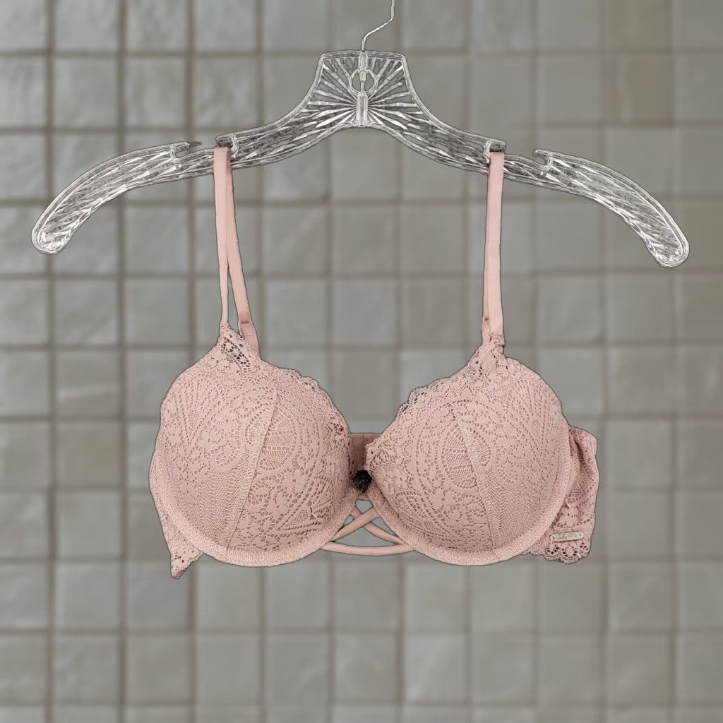 Vintage Unbranded Push Up Bra Womens 34A Pink Floral Lace Underwired Padded Plunge Classic