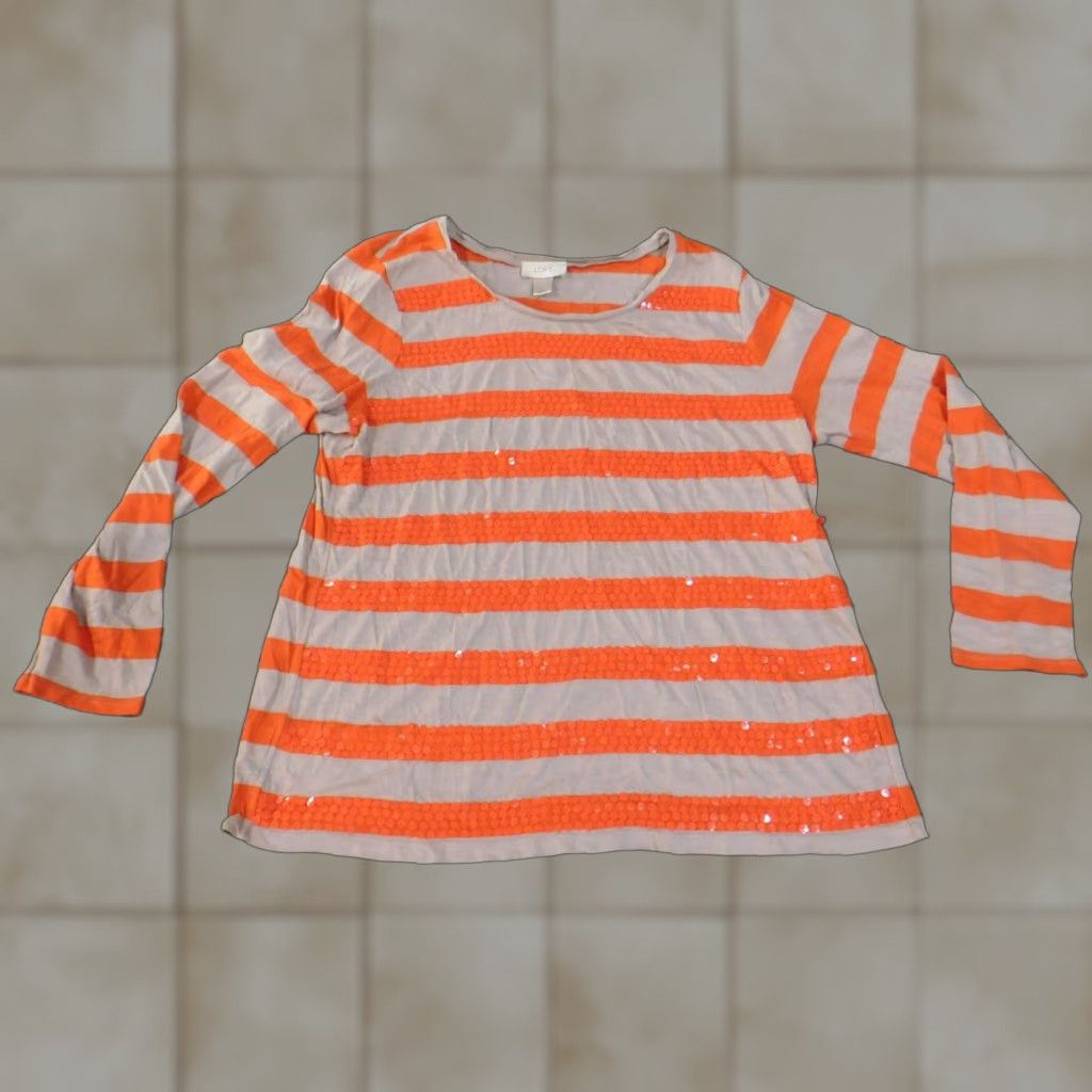 Ann Taylor Loft Ann Taylor Shirt Blouse Womens XL Orange Striped Beaded Knit Cotton Casual Long Sleeve Round Neck Pullover Basic Size XL / US 12-14 / IT 48-50 - 1 Thumbnail