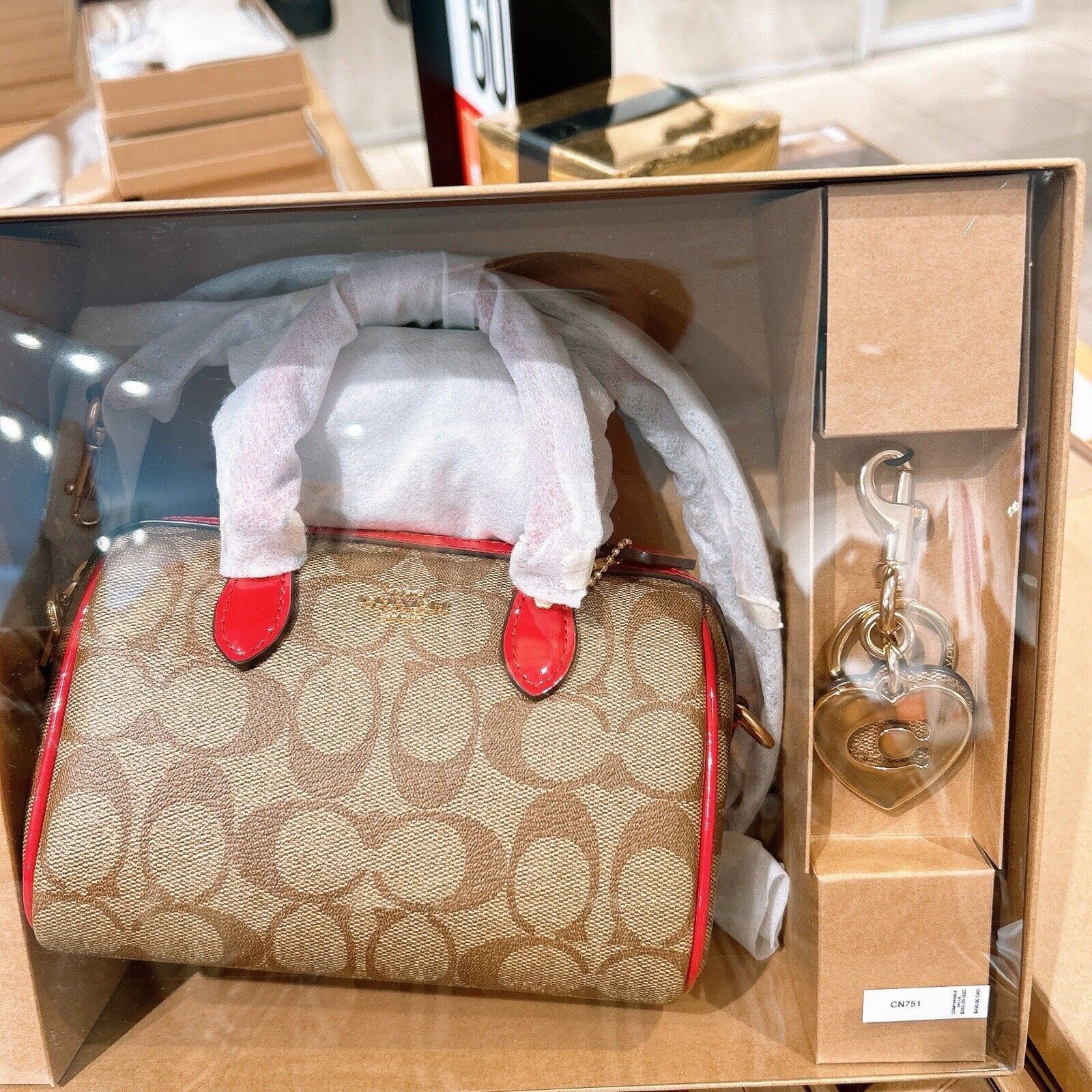 image of Coach Boxed Mini Rowan Crossbody With Hearts Key Ring in Im/Khaki/Electric Red, Women's