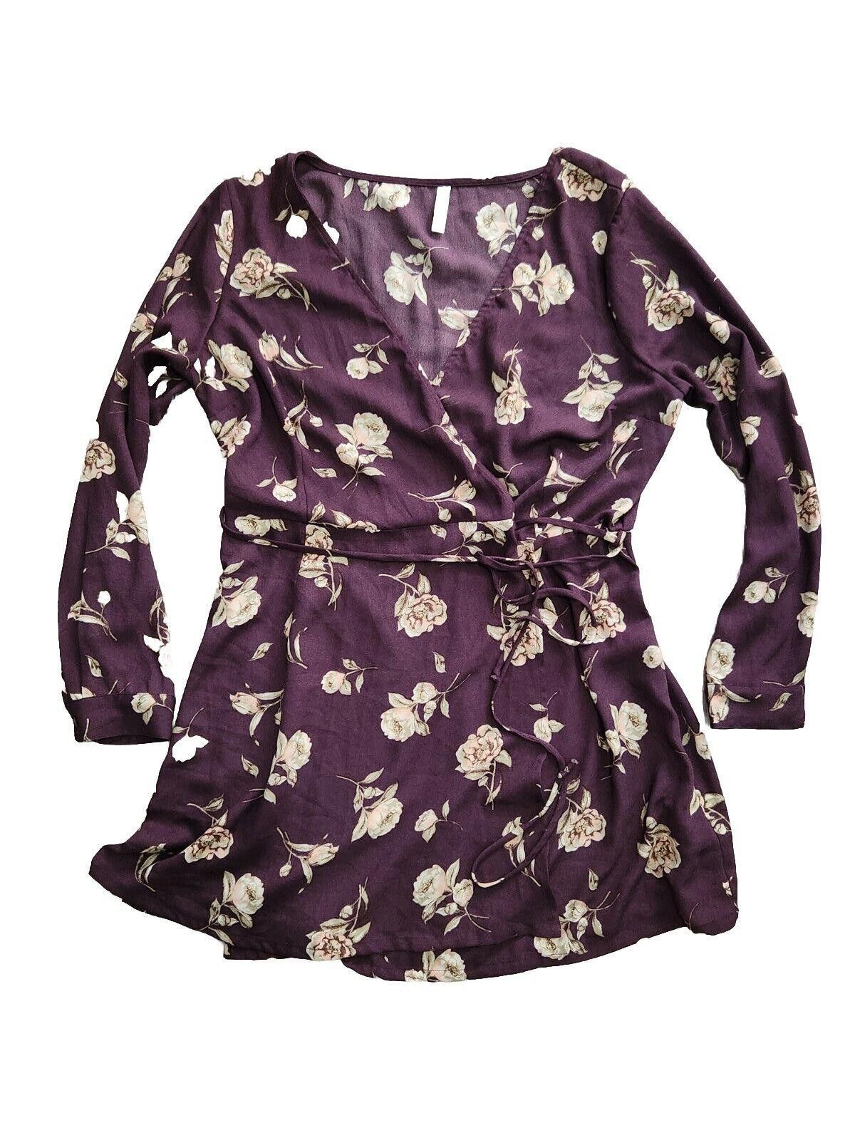 Designer Xhilaration Wrap Dress Large Purple Floral Short Long sleeve Size L / US 10 / IT 46 - 1 Thumbnail