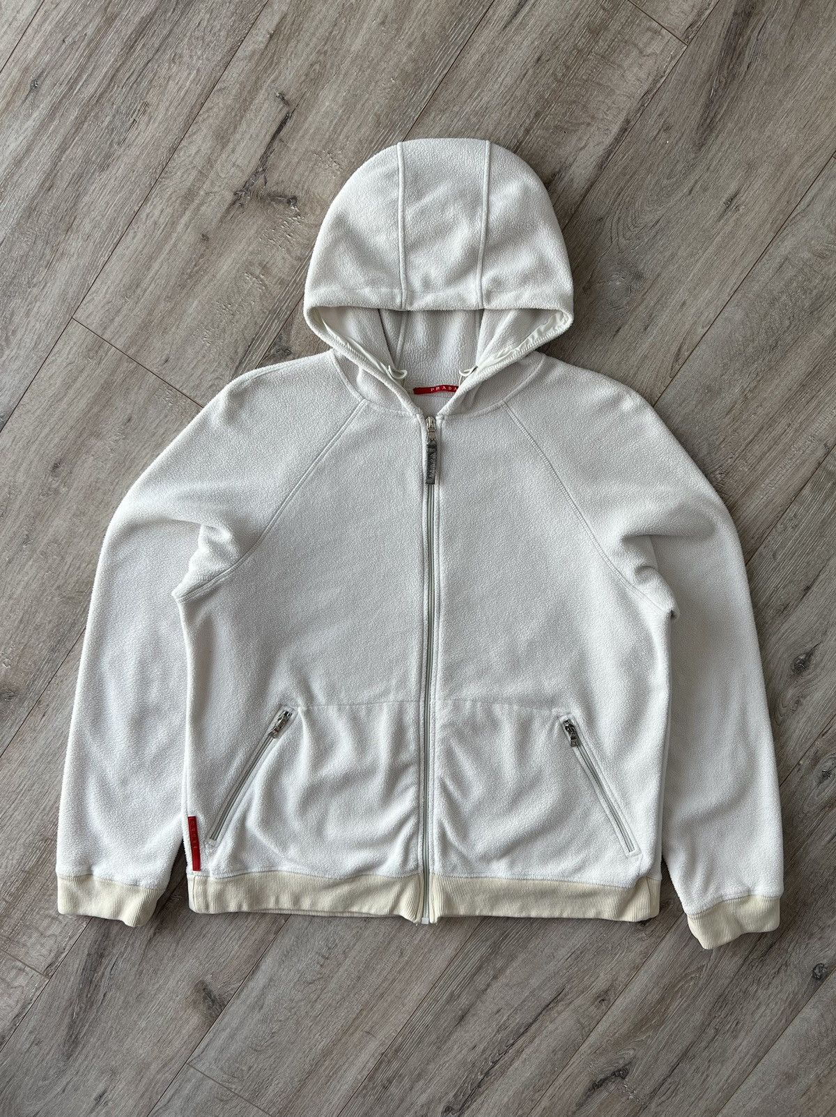 image of Prada Hoodie Zip White Fleece Red Tab Men's Size XL in White Milk