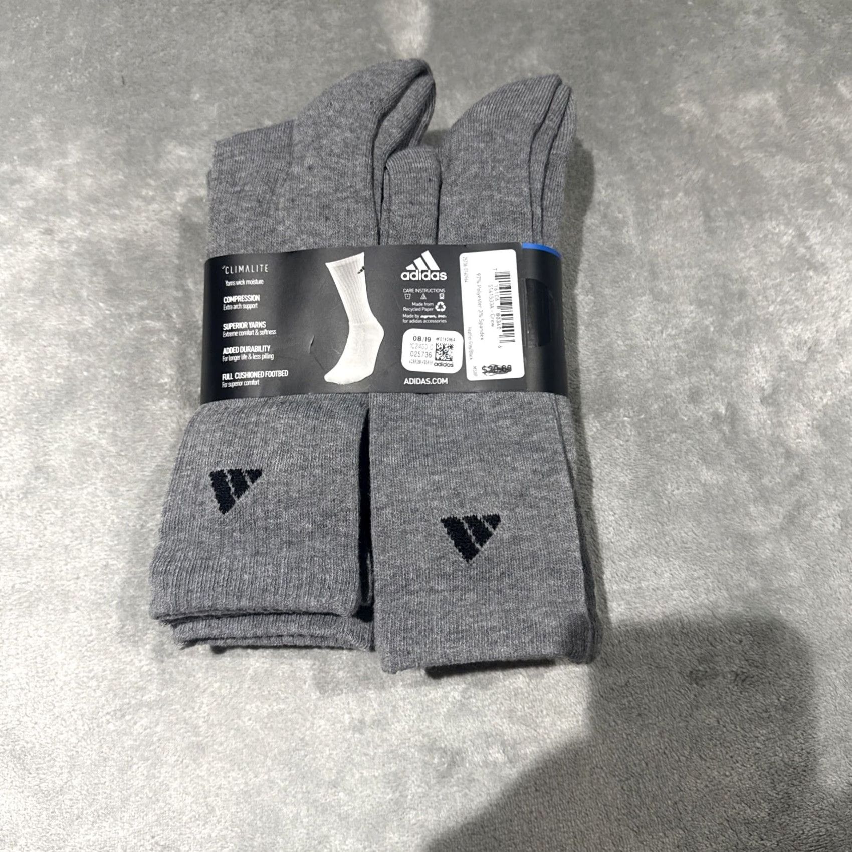 Adidas Adidas Socks Crew Men 6-12 Gray 6 Pairs Cushioned Climalite Compression Size ONE SIZE - 4 Thumbnail