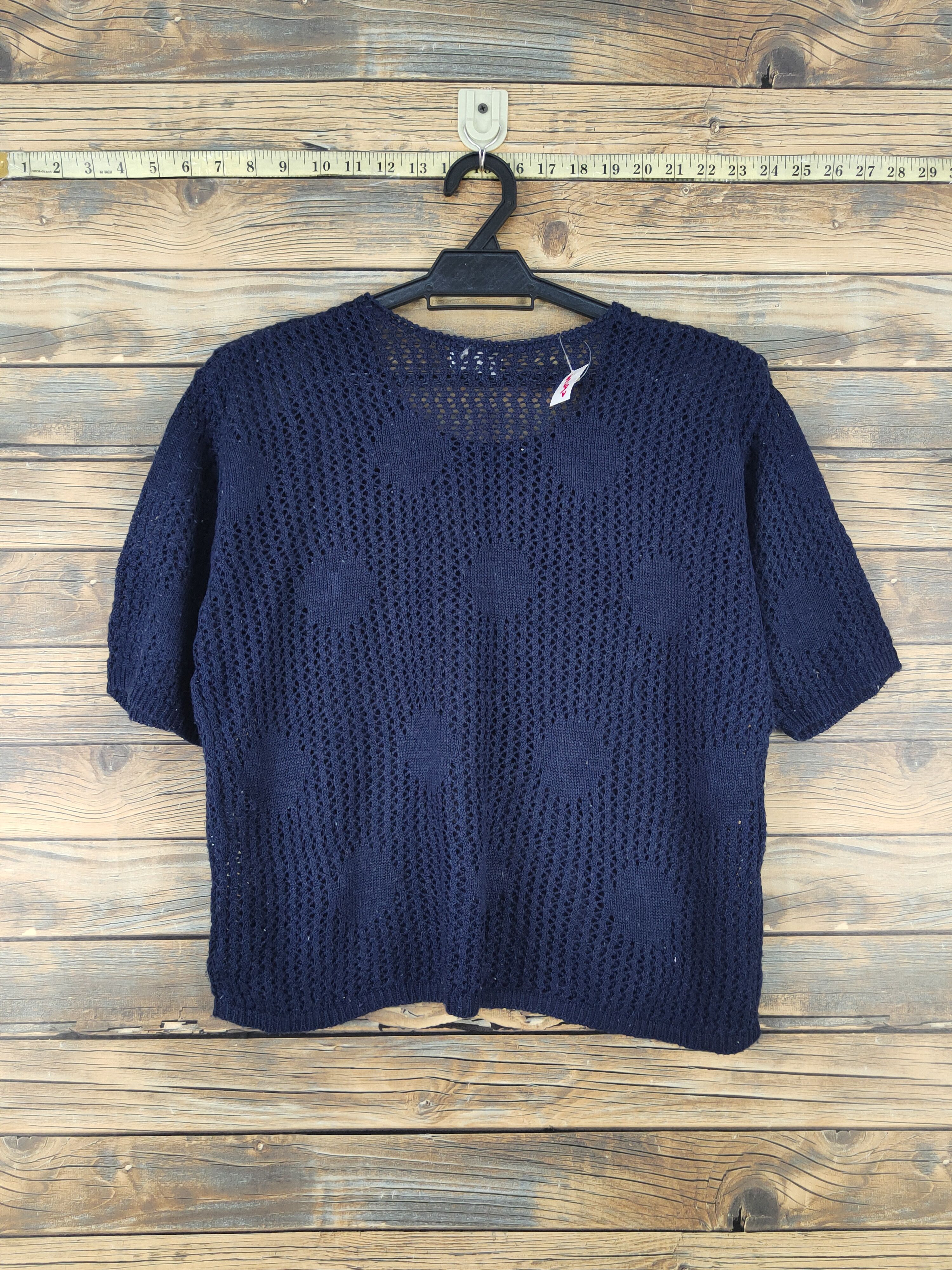 Aiso Navy MeshNet crochet Knitwear Short Sleeve #W1292
