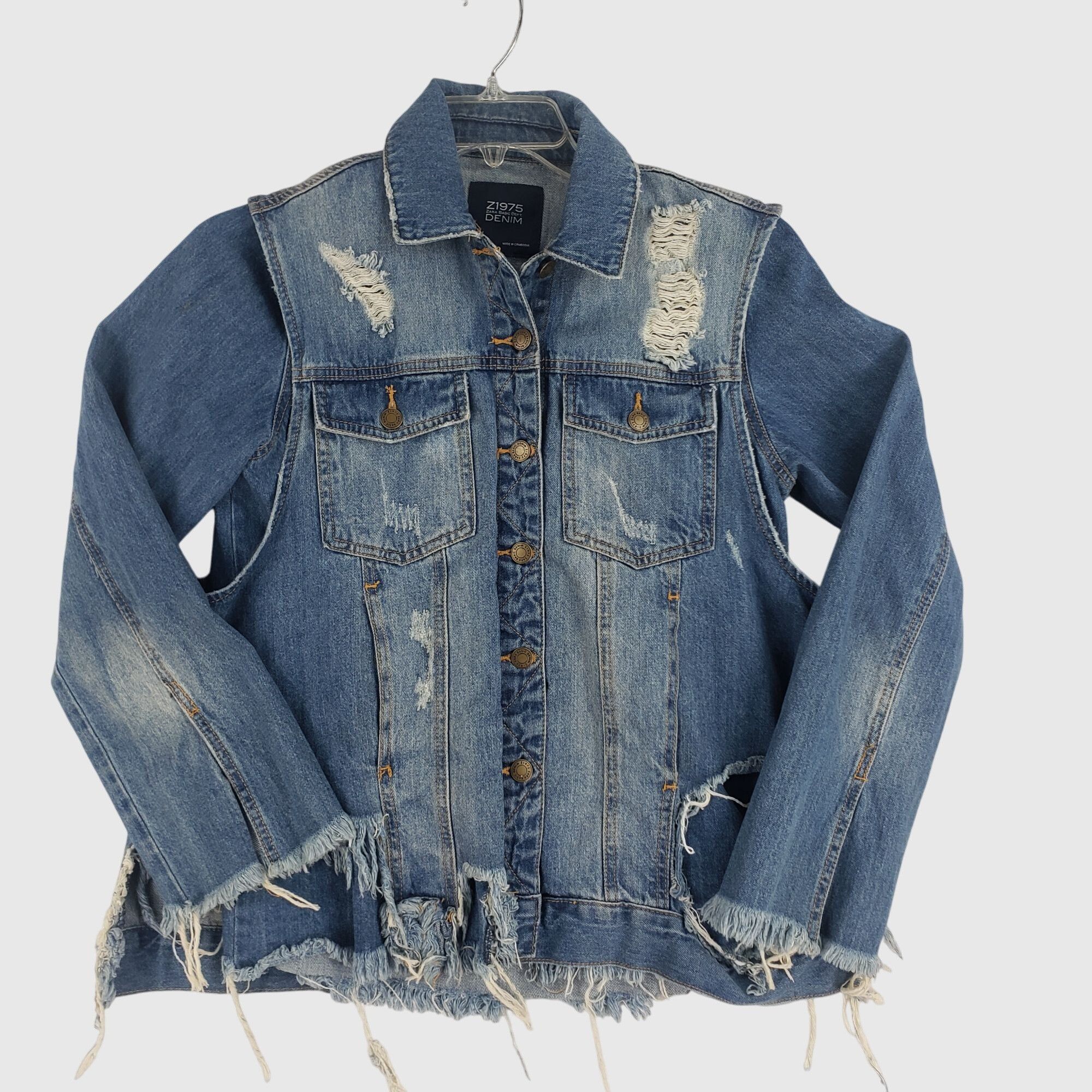 Zara ZARA Distressed Denim Jacket With Frayed Hem & Rips Womens X Size XS / US 0-2 / IT 36-38 - 1 Thumbnail