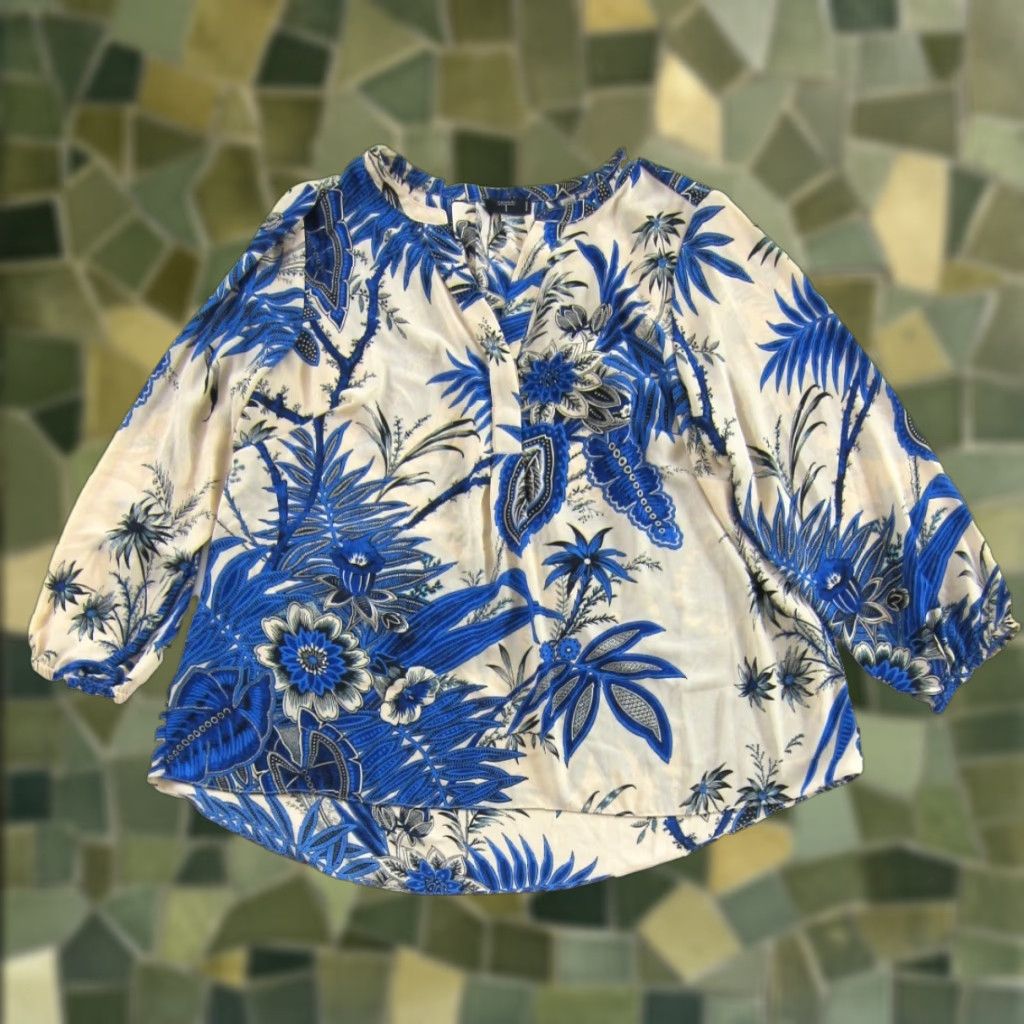 Vintage Tahari Blouse 1X Womens Floral V-Neck Long Sleeve Tunic Blue Ivory Black Size XL / US 12-14 / IT 48-50 - 1 Thumbnail