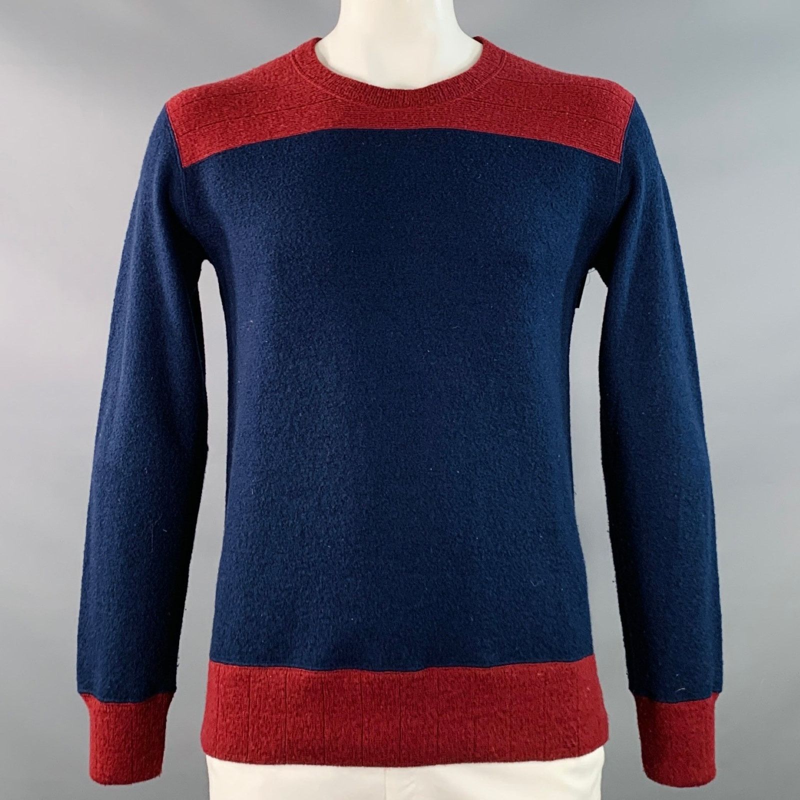 Visvim VISVIM L Navy Burgundy Color Block Wool Crew Neck Sweater Size US L / EU 52-54 / 3 - 1 Thumbnail