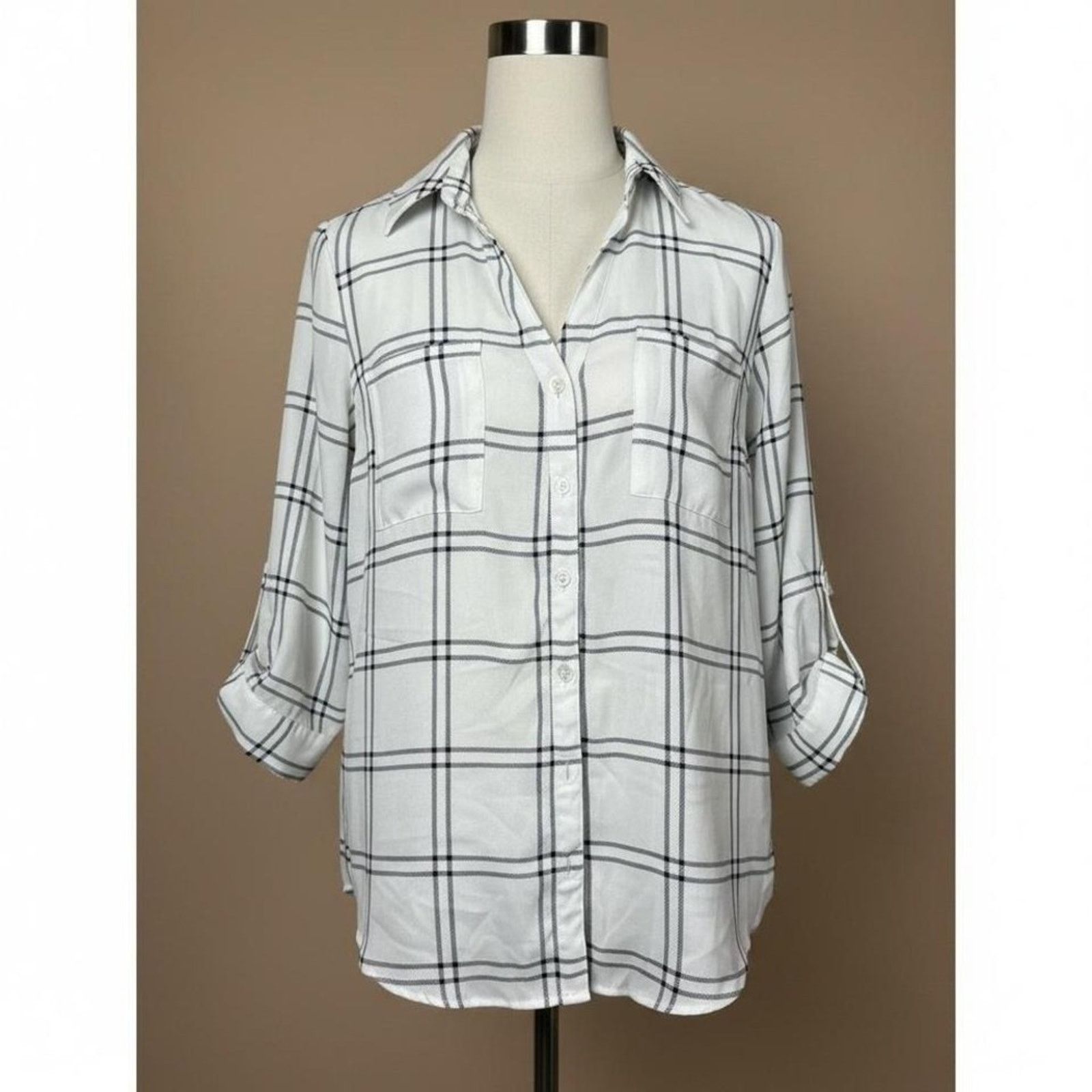 Other Fortune + Ivy White Black Plaid Blouse M Roll Tab Sleeve Top Size M / US 6-8 / IT 42-44 - 1 Thumbnail