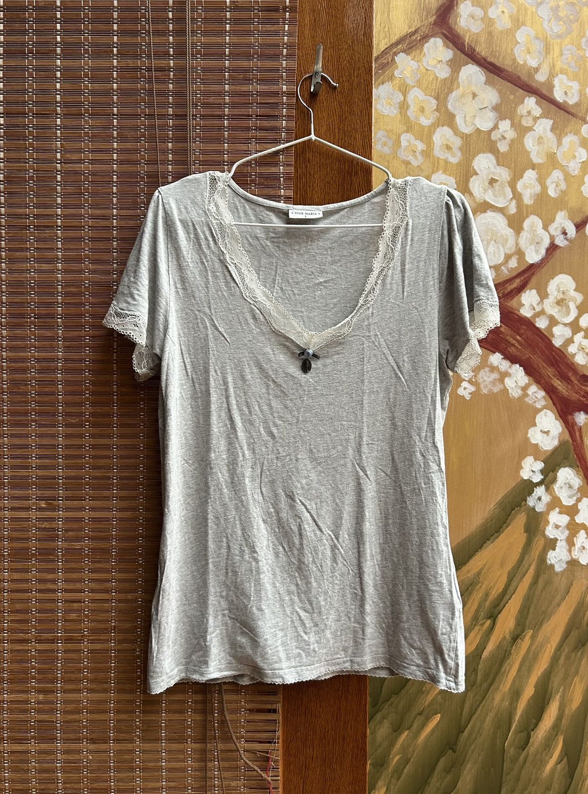 Vintage Vive Maria Lace Trim V-Neck Tee Top Gray Short Sleeve Size L / US 10 / IT 46 - 1 Thumbnail