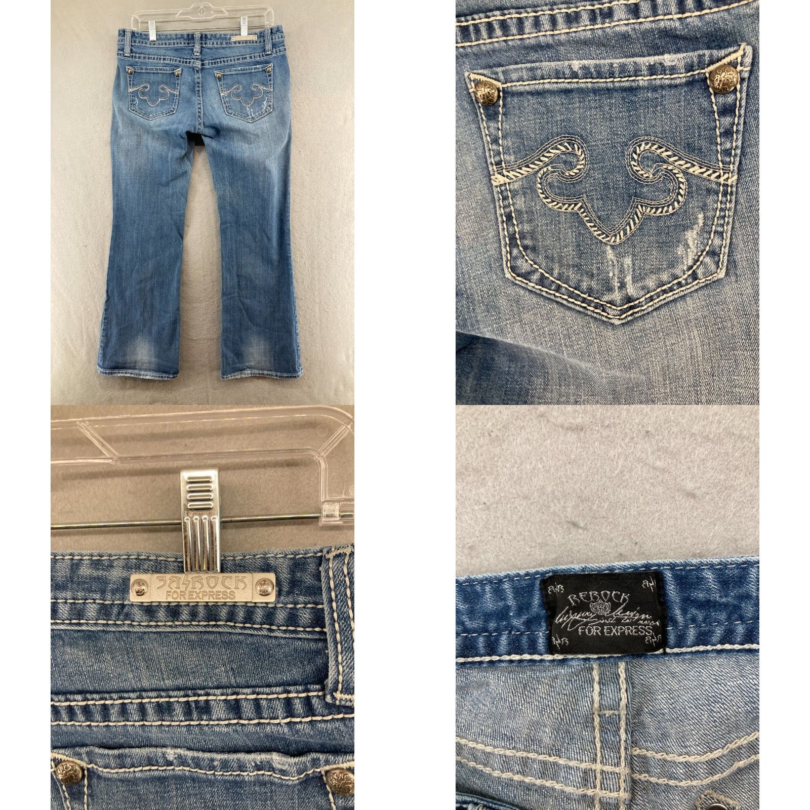 Express Express Bootcut Jeans Womens 32 Low Rise Distressed Thick Stitch Blue Cotton Blend Size 24" / US 00 / IT 34 - 8 Thumbnail