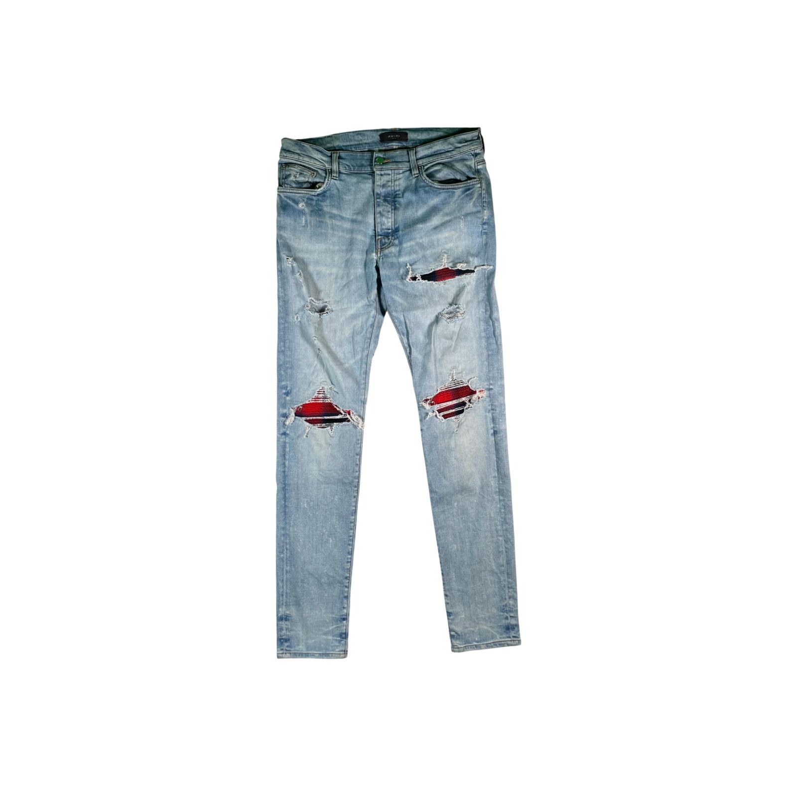 Amiri Amiri Plaid Patch MX1 Light Wash, Navy & Red Jeans Size US 34 / EU 50 - 1 Thumbnail