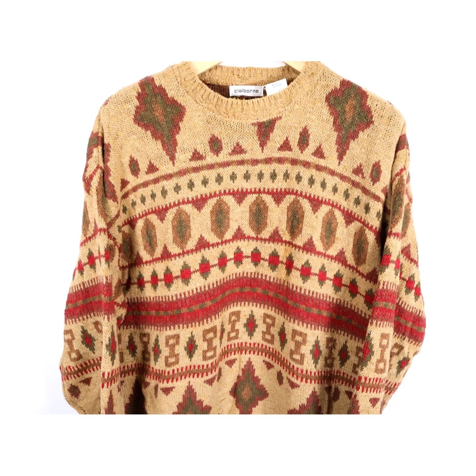 Liz Claiborne VINTAGE Claiborne Sweater Geometric Beige Cotton Knit Crew Neck Long Sleeve Pullover Women's Large 90s Tribal Hipster Oversized Mens Womens Girls Size L / US 10 / IT 46 - 4 Thumbnail