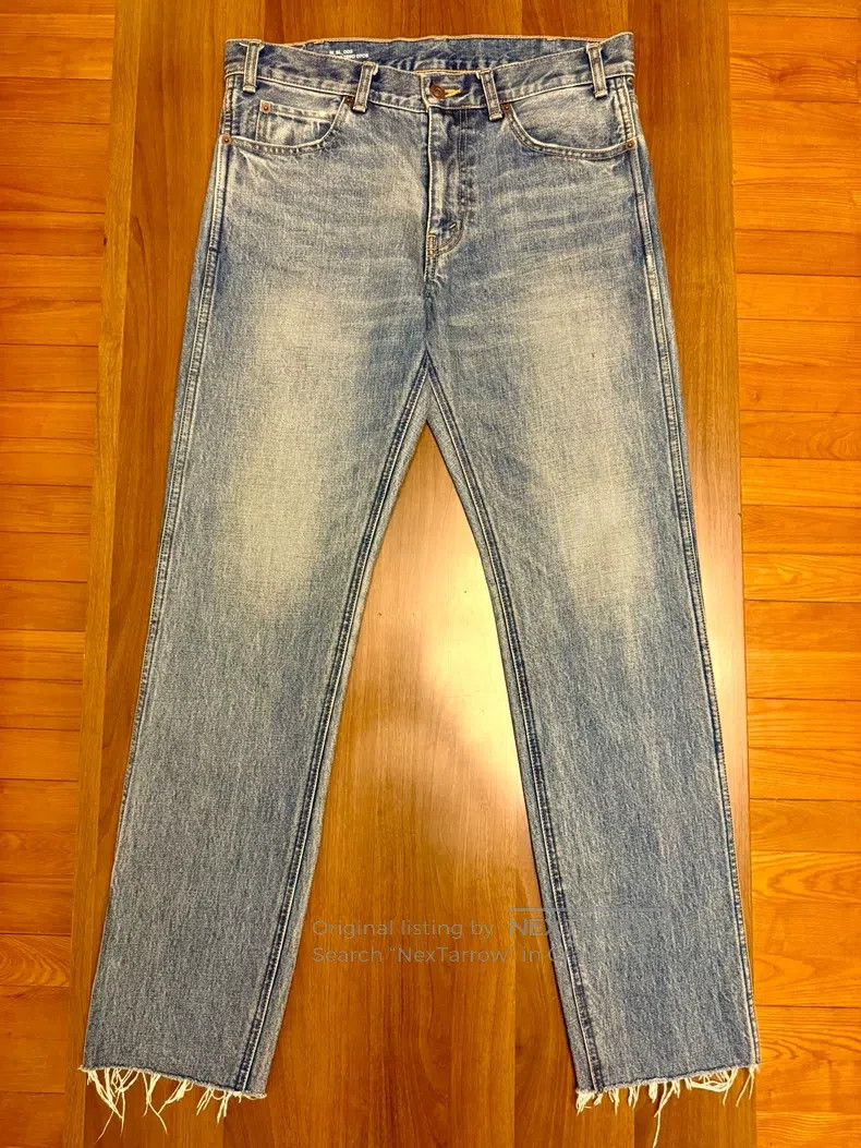 CELINE Light Blue Washed Straight Raw Hem Denim Pants