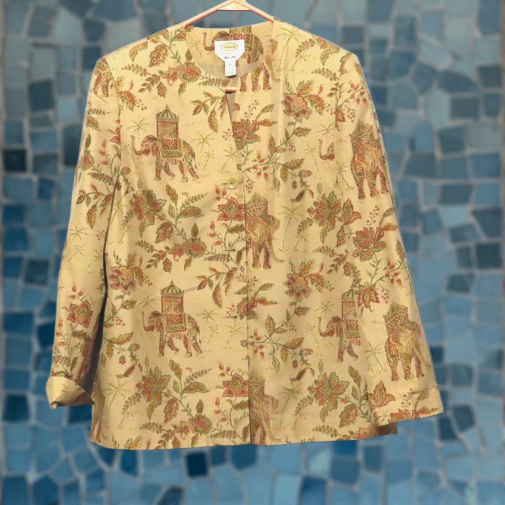 Talbots Talbots Blazer Dress Jacket Women 10 Silk Brown Elephant Floral Long Sleeve Button Lined SMALL? Size L / US 10 / IT 46 - 1 Thumbnail