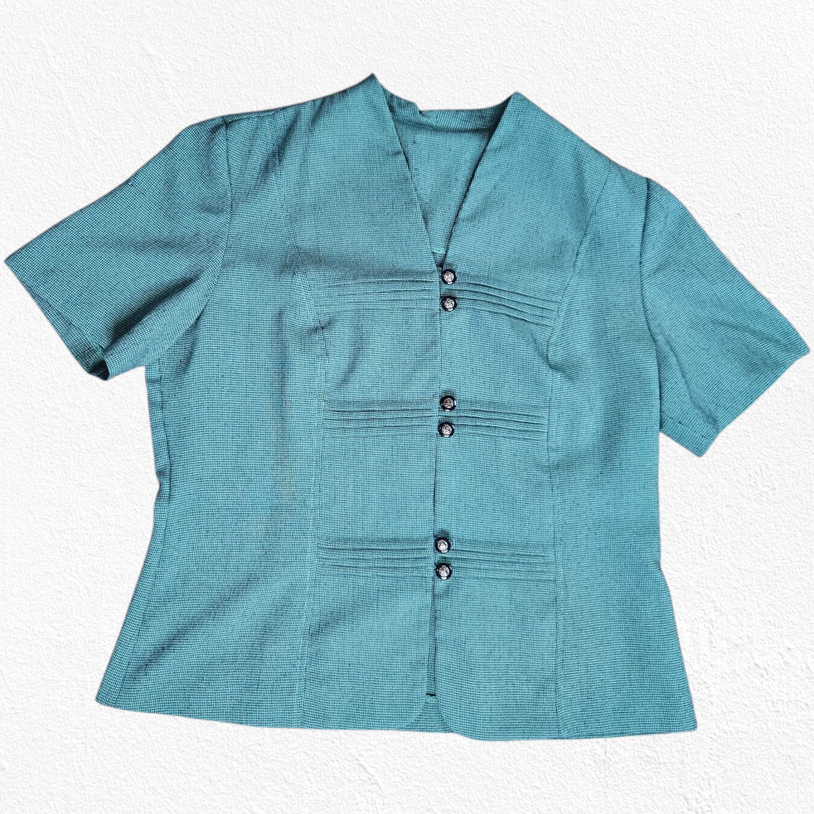 Vintage 1950s Teal Black Houndstooth Fitted Blouse Jacket Size Large Size L / US 10 / IT 46 - 2 Thumbnail