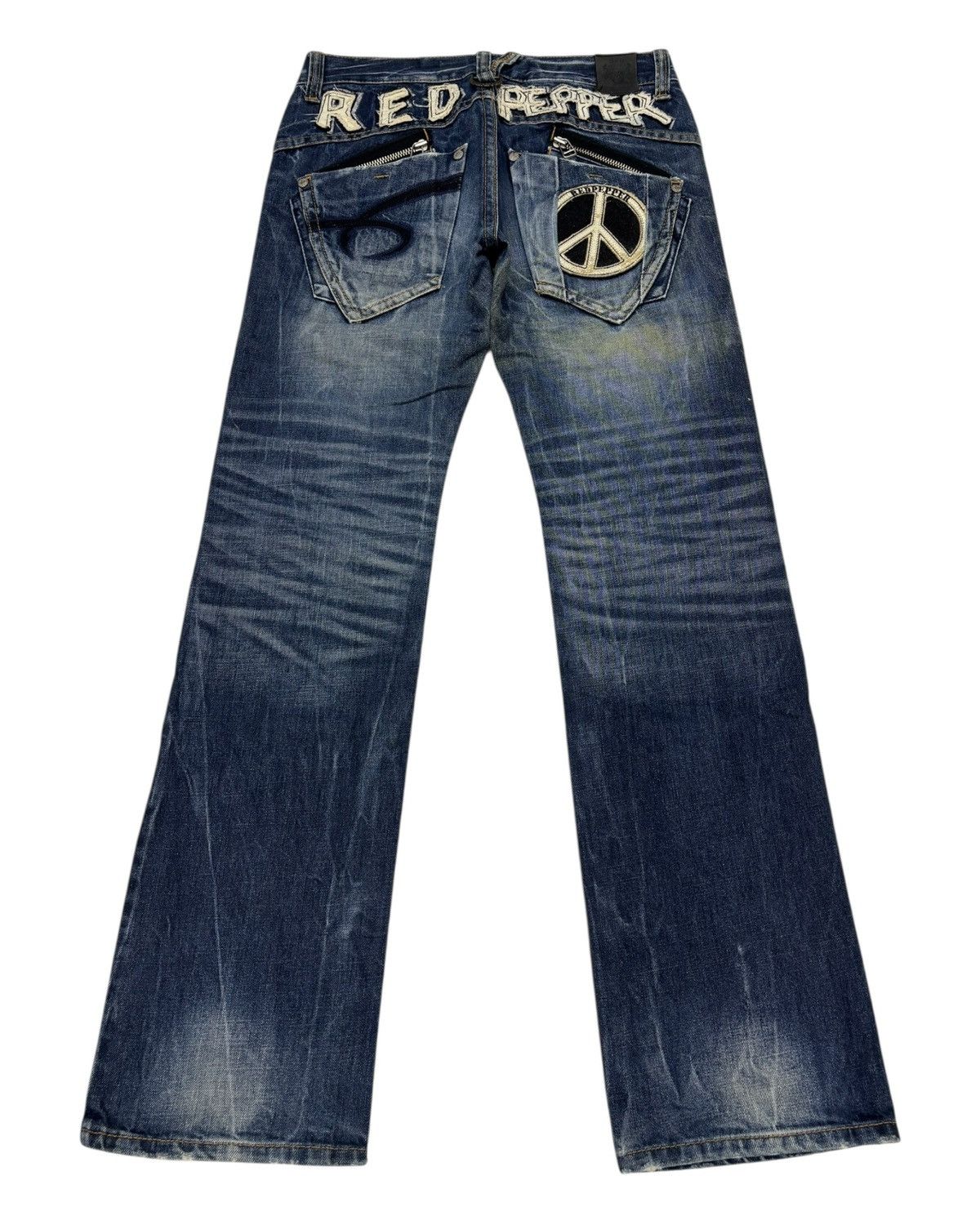 Tornado Mart 🔥RED PEPPER ☮️ EMBROIDERY FLARED JEANS DISTRESSED DENIM Size US 33 - 1 Thumbnail