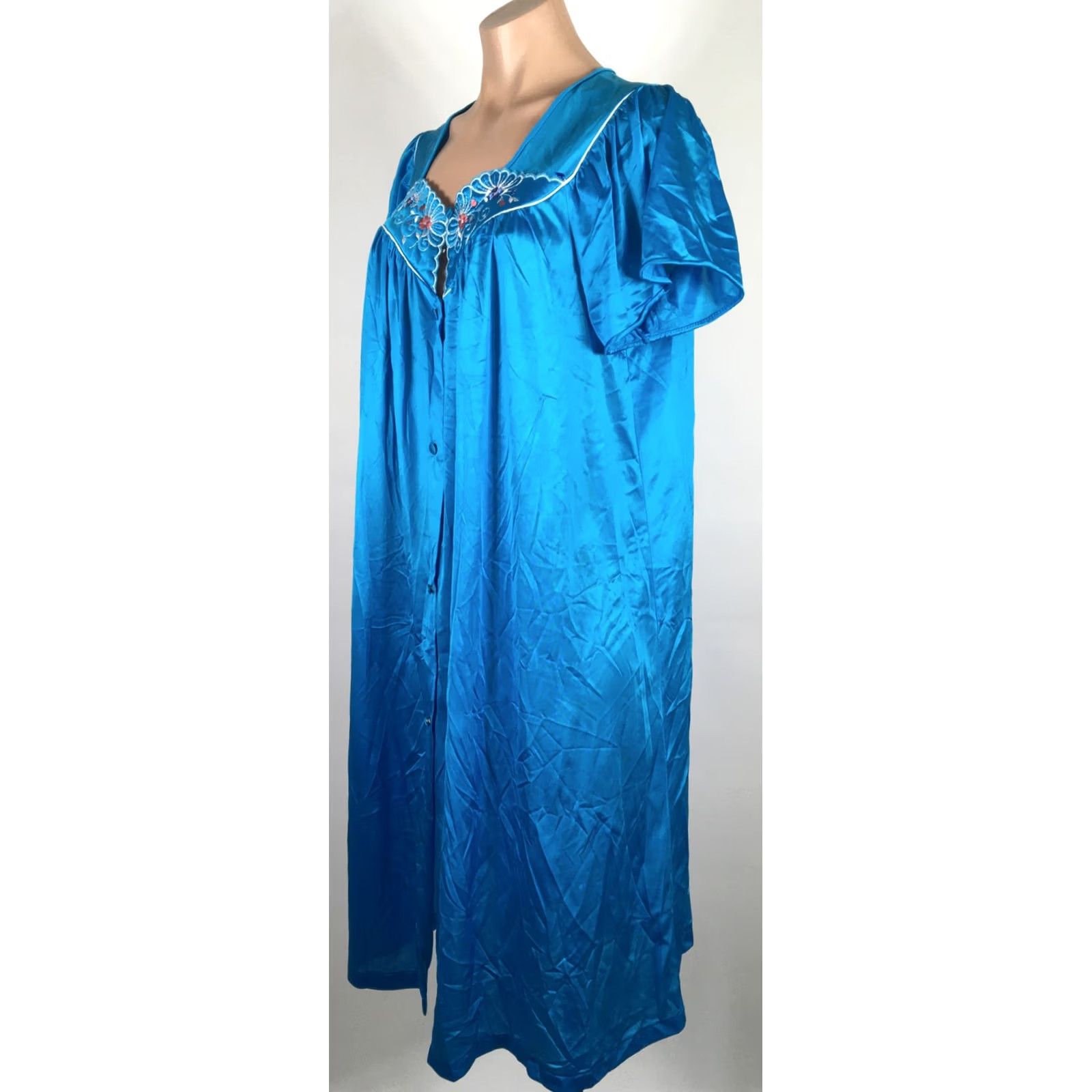 Vintage Vintage Vanity Fair nightgown Shirt Womens L Blue Nylon Shiny Embroidered USA Made Semi Sheer Peignoir Nightgown Size ONE SIZE - 3 Thumbnail
