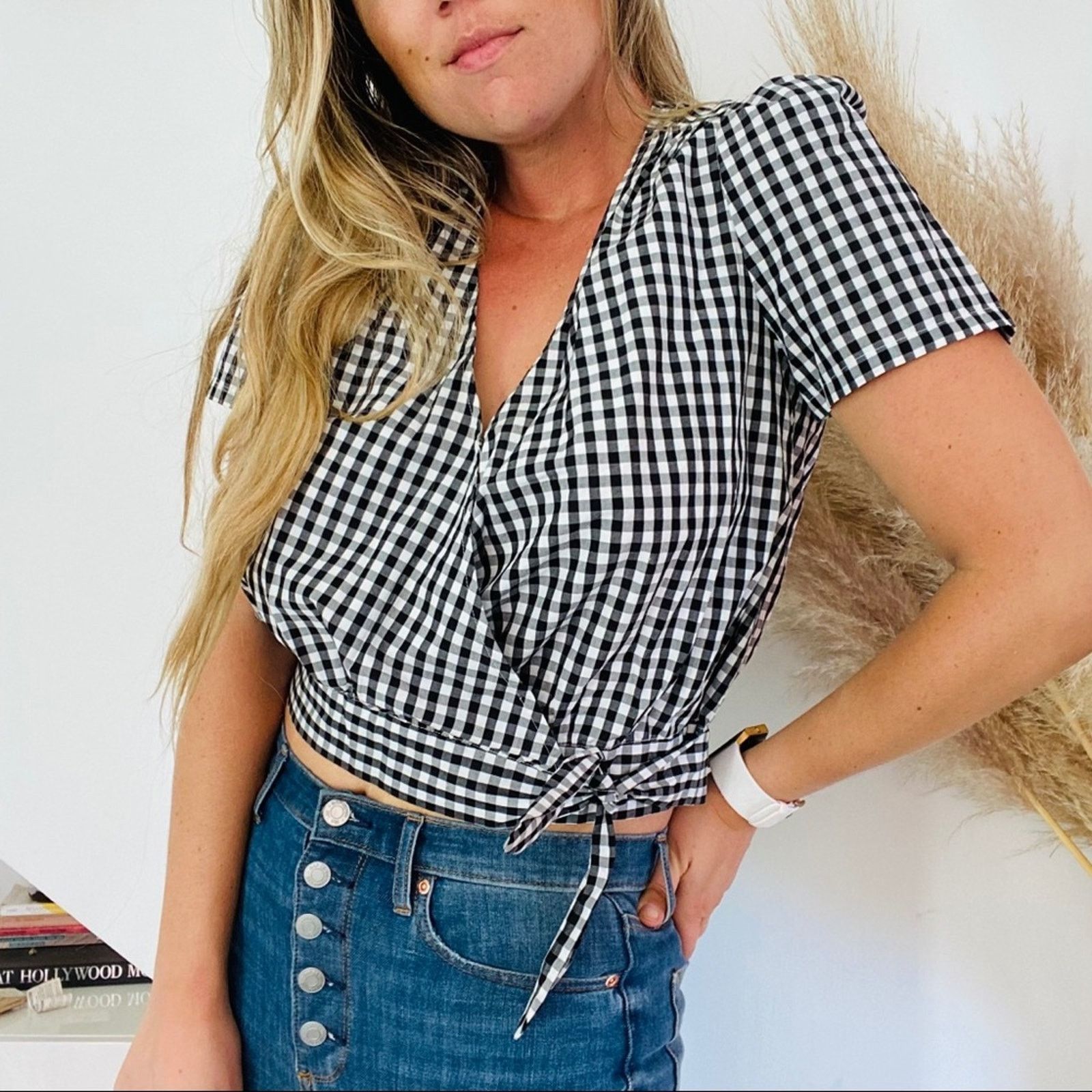 NEW MADEWELL Black White Gingham Check Wrap Blouse Top Shirt