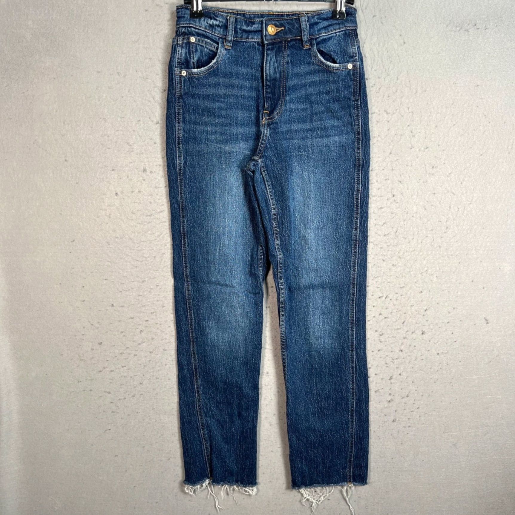 Zara Zara Womens Size 0 High-Waisted Straight-Leg Denim Jeans Blue W/ Raw Hem Size 25" / US 0 / IT 36 - 2 Thumbnail