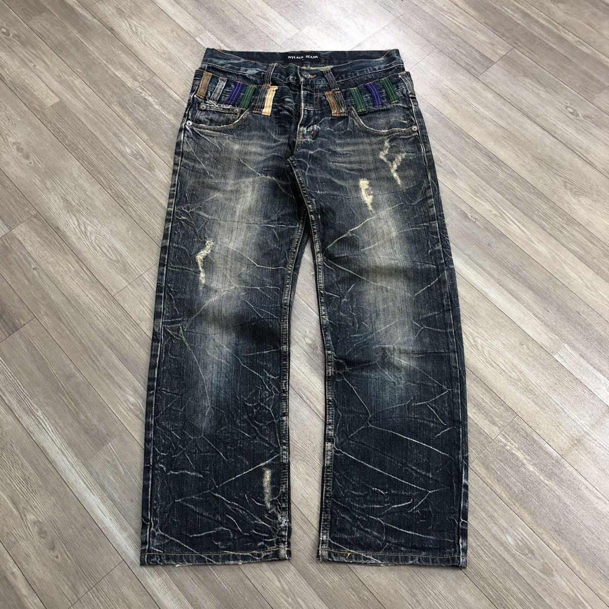 Japanese Brand 2000s Nylaus Double Waist Distressed Faded Baggy Jeans Size US 32 / EU 48 - 1 Thumbnail