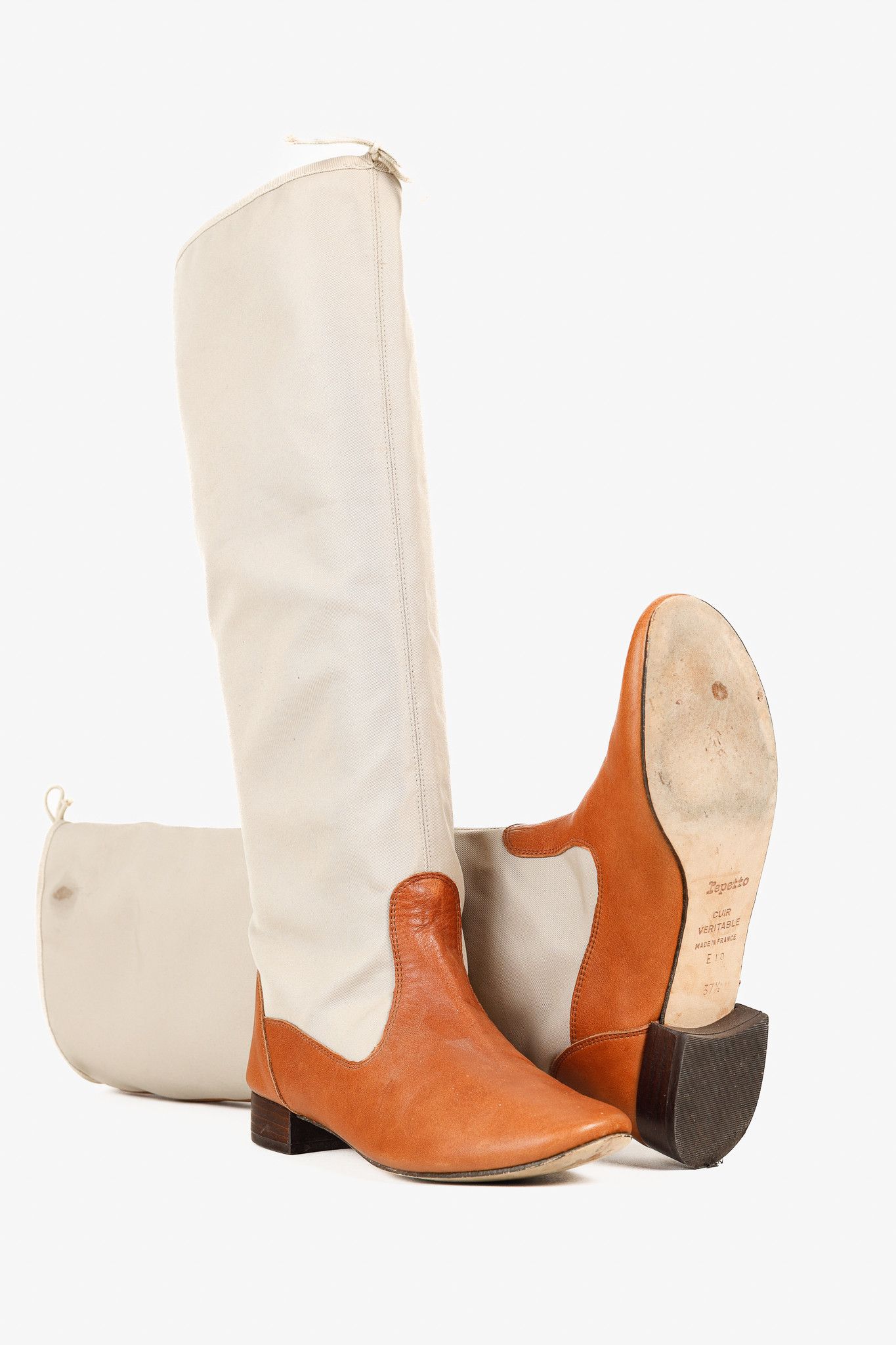 Repetto Repetto Beige & Cognac Canvas Leather Tall Boots Size US 7 / IT 37 - 4 Thumbnail