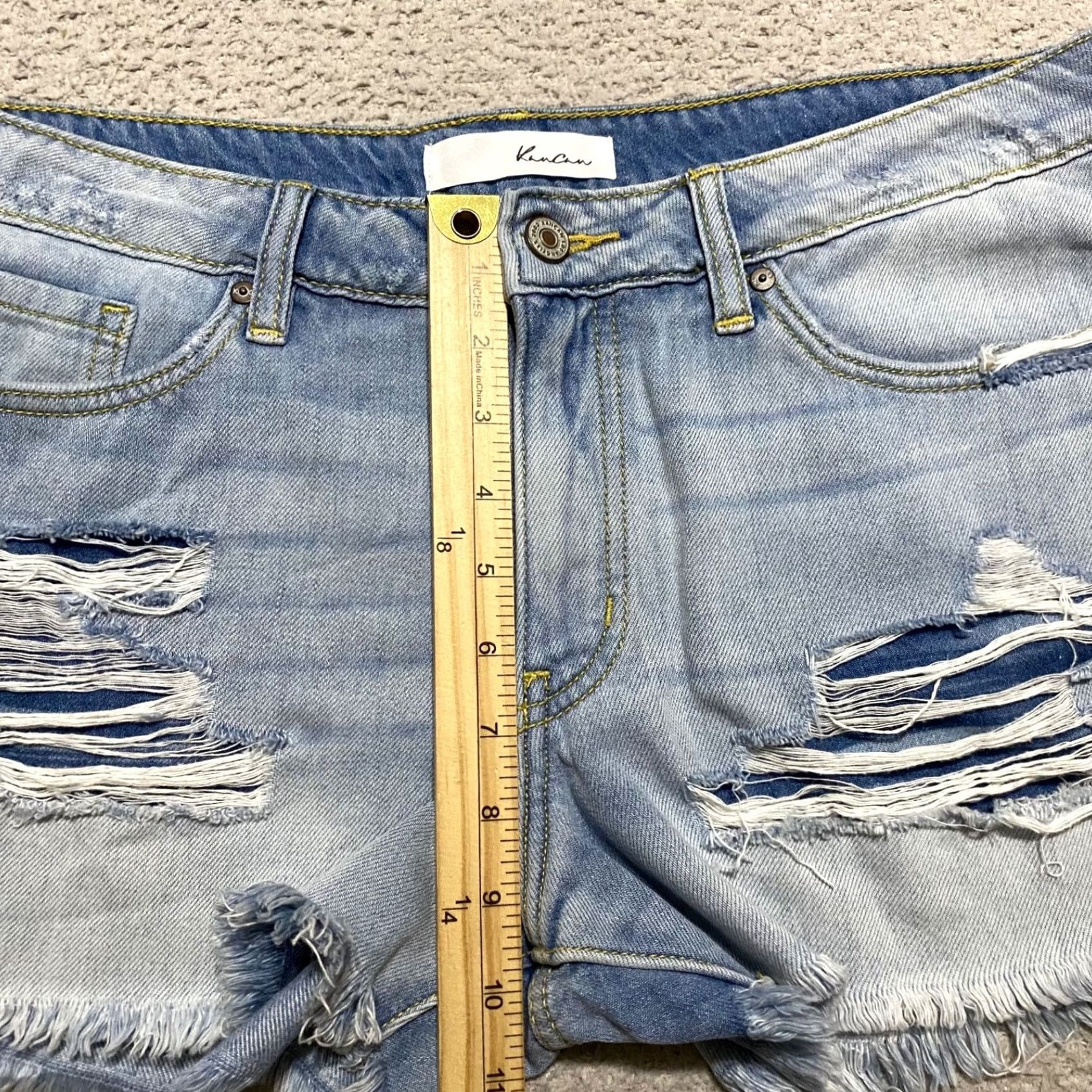 Vintage Kancan Jean Shorts Womens 13 Blue Denim Mid Rise Distressed Cut Off Inseam 3" Size 34" / US 12 / IT 48 - 6 Thumbnail