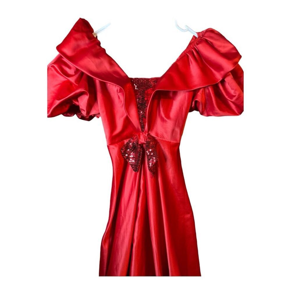 Vintage Alyce Designs Vintage 80s Red Satin Puff Sleeve Sequin Bow Size M / US 6-8 / IT 42-44 - 4 Thumbnail