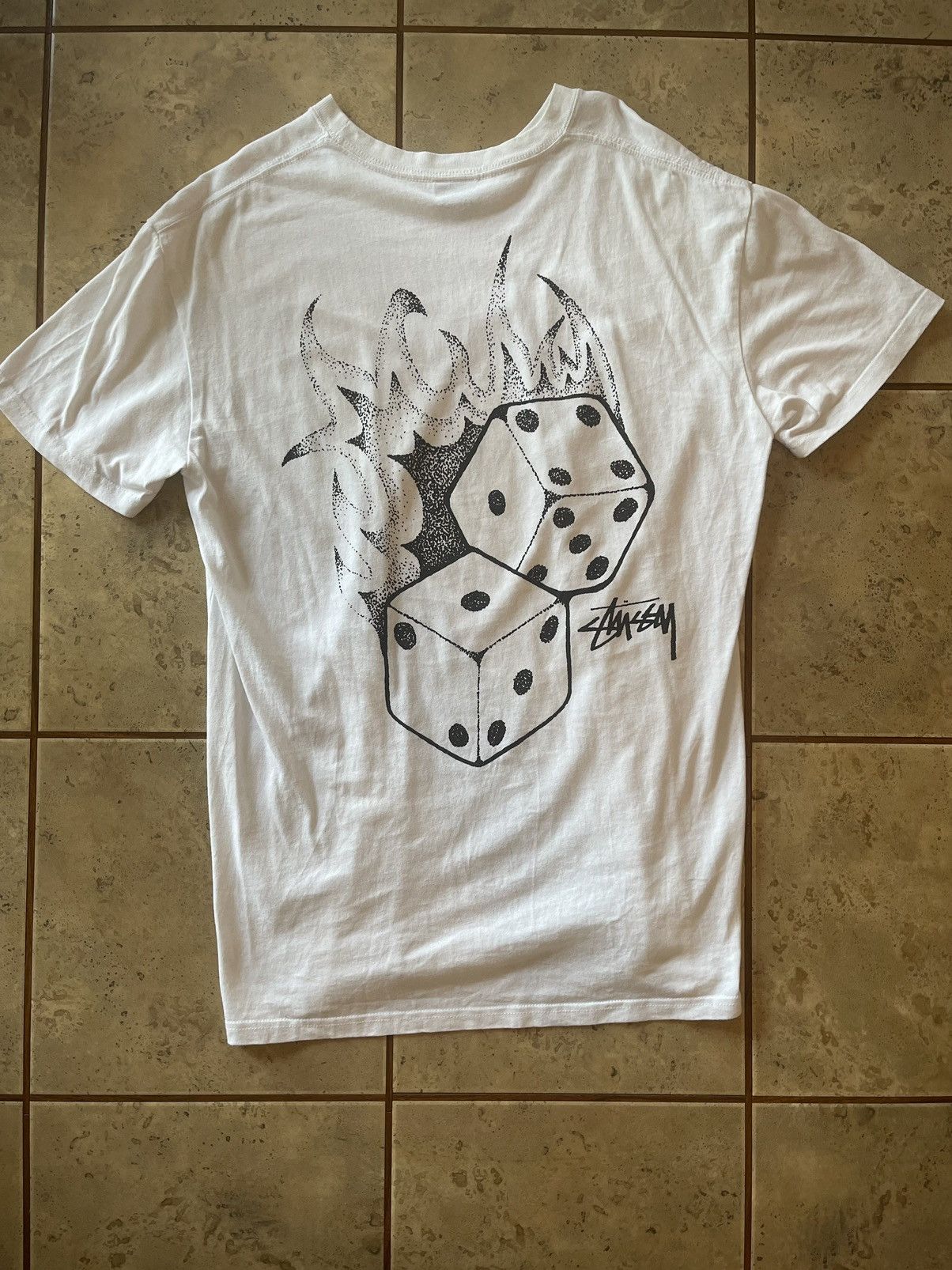 Stussy White Flaming Dice Stussy Tshirt | Grailed