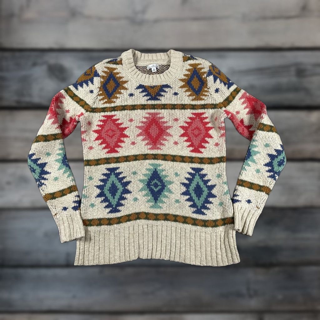 Vintage L.L. Bean Aztec Sweater Women's Medium Beige Chunky Knit Geometric Retro 90s Size M / US 6-8 / IT 42-44 - 1 Thumbnail