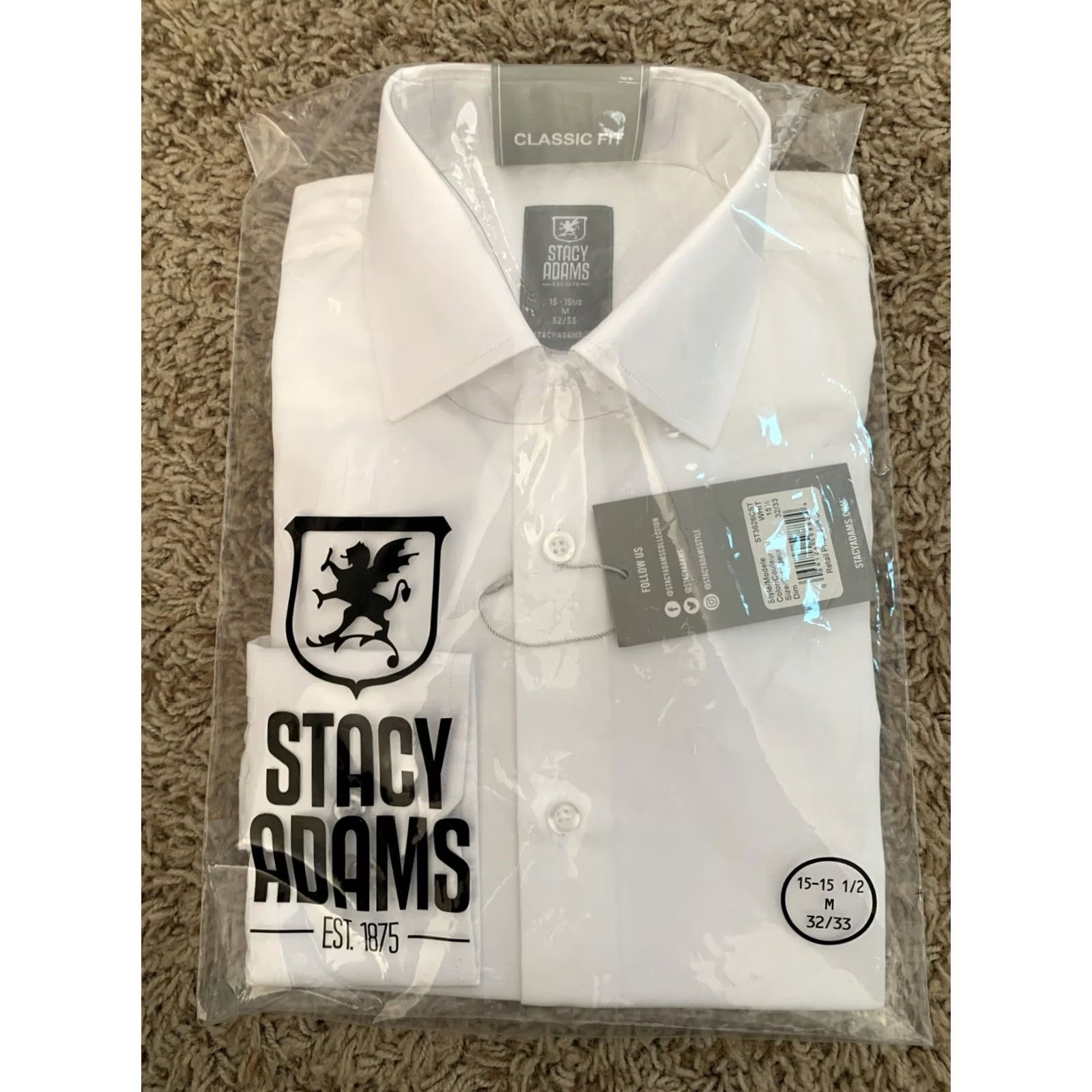 Stacy Adams S Stacy Adams Dress Shirt Mens 15-15.5/32-33 White Classic Fit Button BB Size 40R - 2 Thumbnail