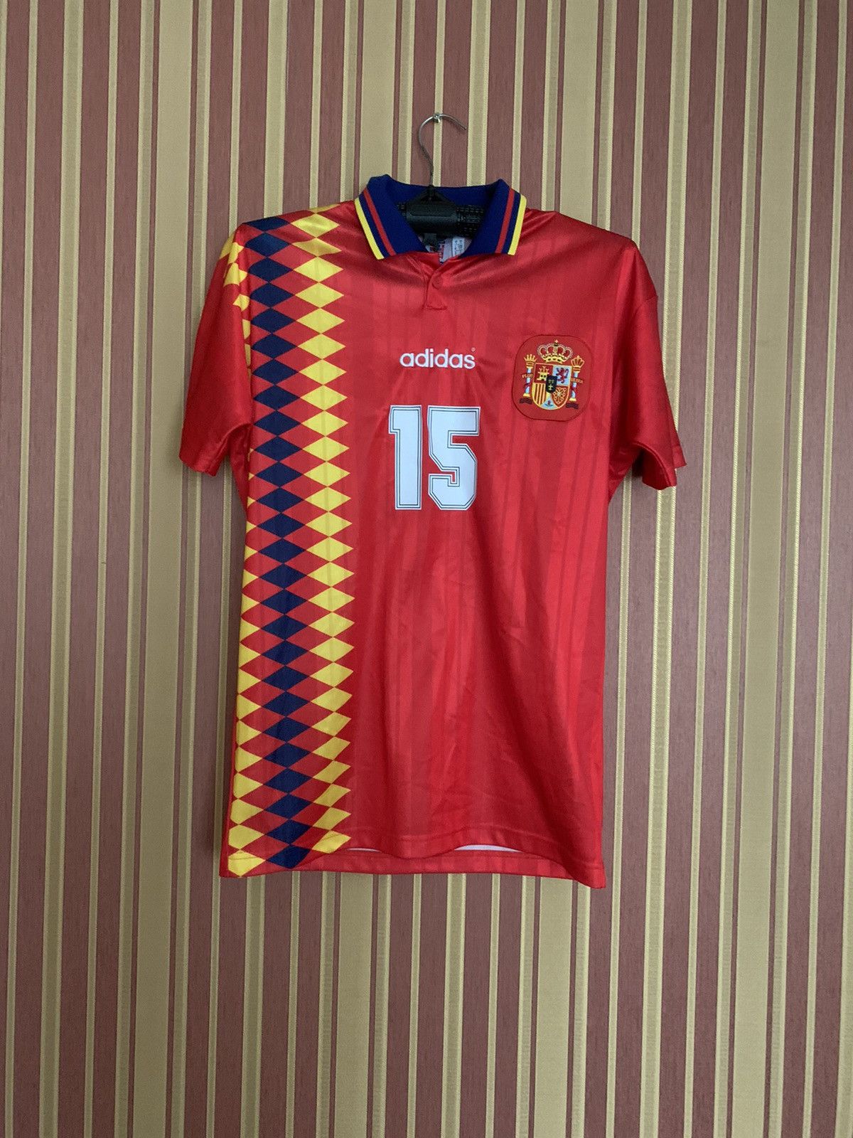 image of Adidas Spain Jersey 1994 Style Soccer Home Euro Caminero 15 in Red, Men's (Size Small)