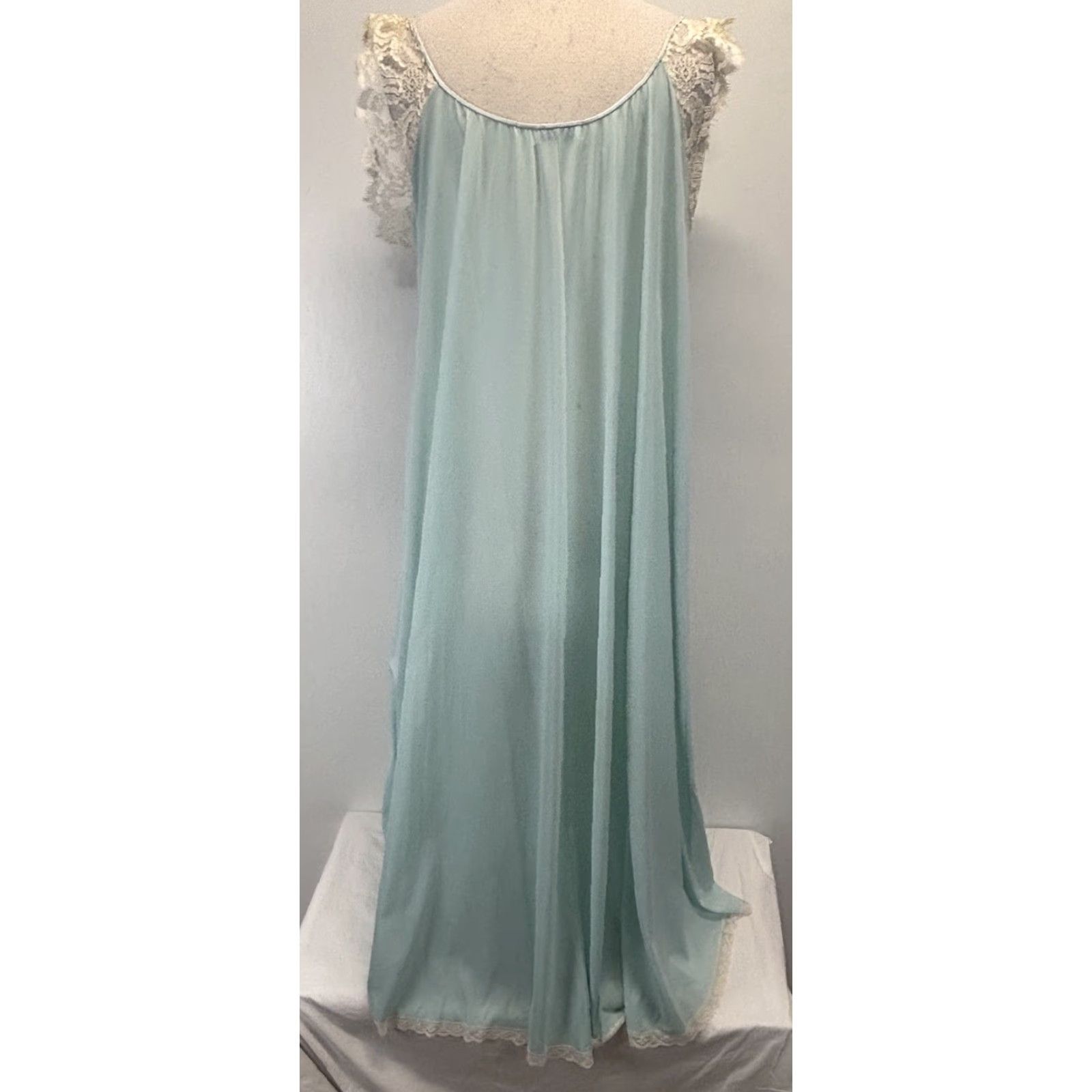 Vintage Vtg Lucie Ann Nightgown Light Blue Lace Straps Full Length 70s 46” Chest Flaws Size ONE SIZE - 3 Thumbnail