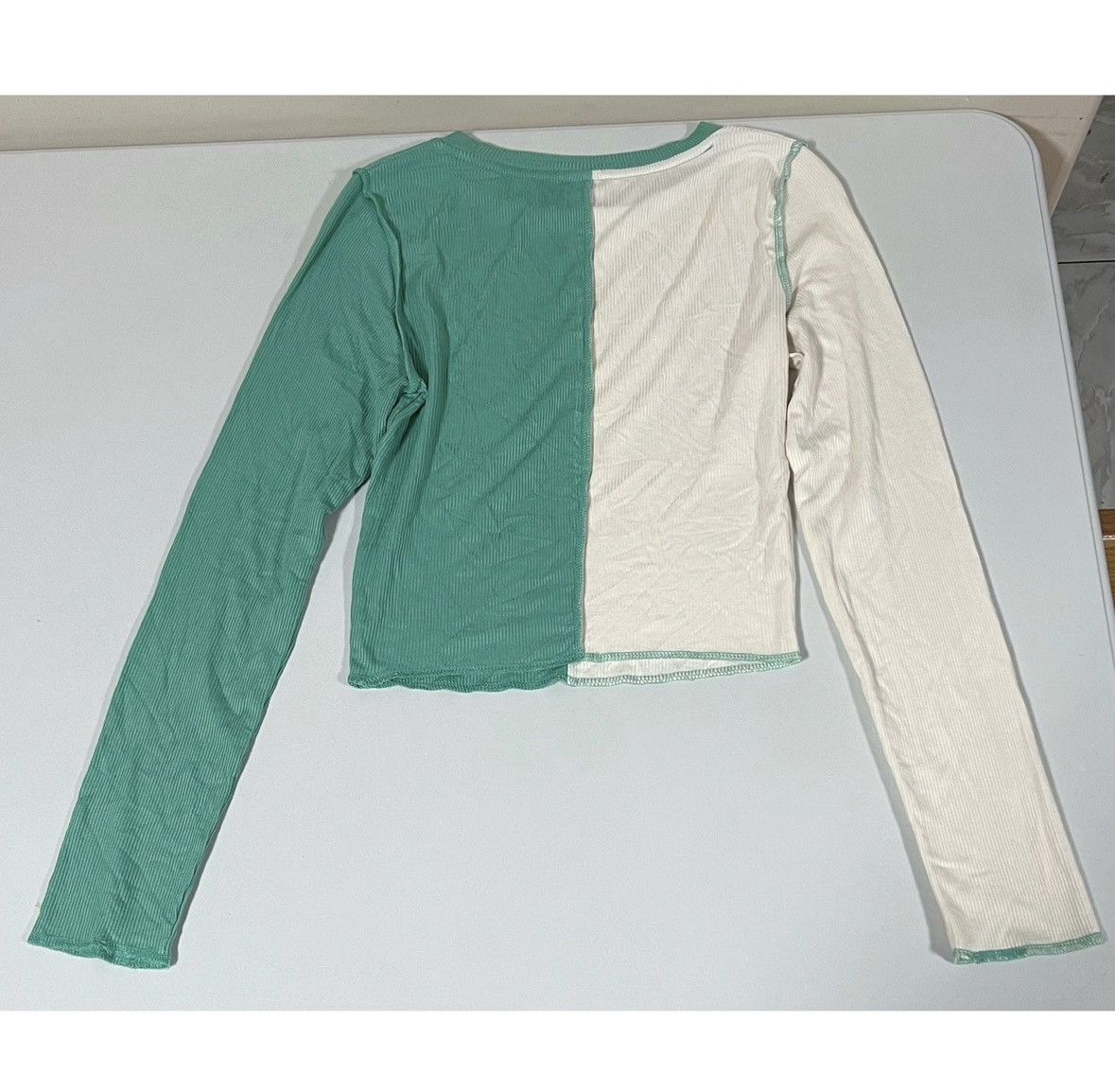 Japanese Brand Teal Green White Color-Block Long Sleeve Shirt Top Tee XS 🤍✨ Size XS / US 0-2 / IT 36-38 - 3 Thumbnail