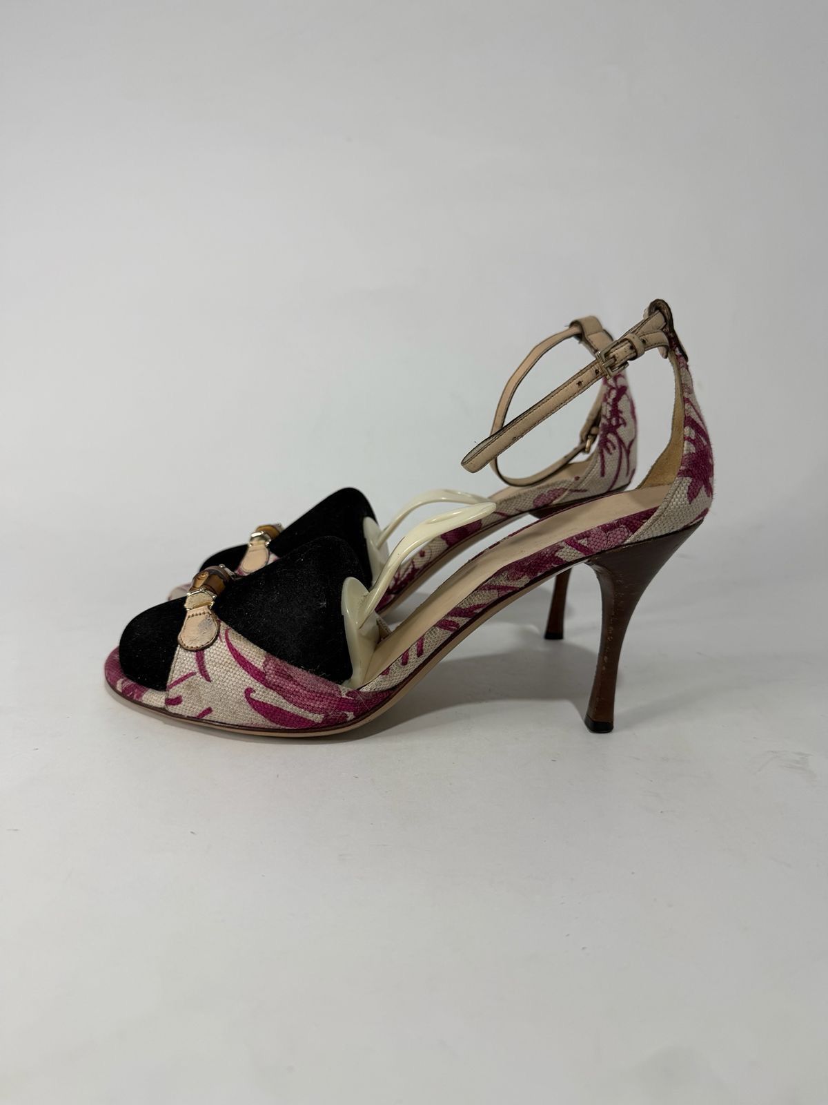 Gucci Pink Flora Canvas Bamboo Ankle Strap Sandals EU38