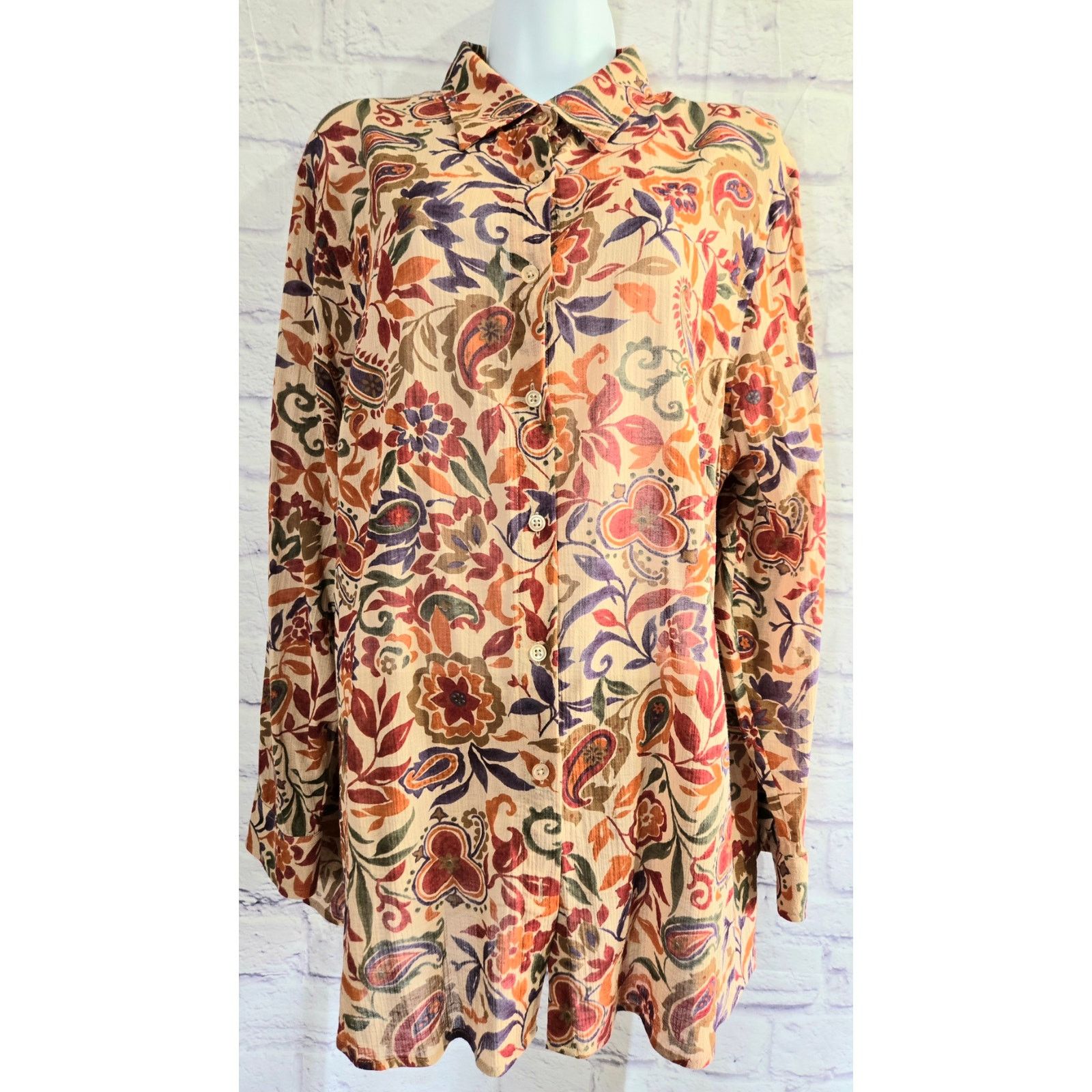 Other Lauren Ralph Lauren Tan Multicolor Floral Button Up Top 1X Size XXL / US 16-18 / IT 52-54 - 1 Thumbnail