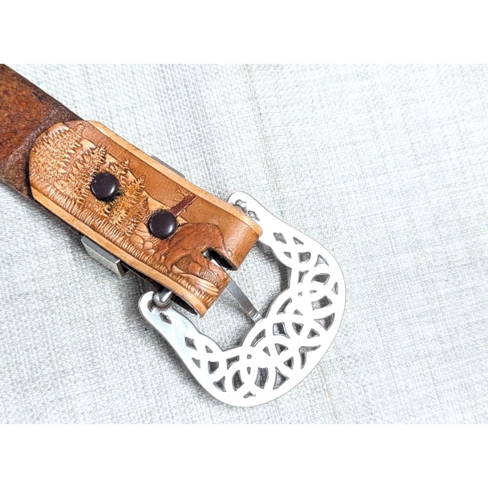 Vintage VINTAGE Handcrafted WESTERN belt 46 leather Full Grain Leather buckle Eagle belt Men Cowboy Rodeo 1-1/2" width Brown 45/46 Size 46 - 6 Thumbnail
