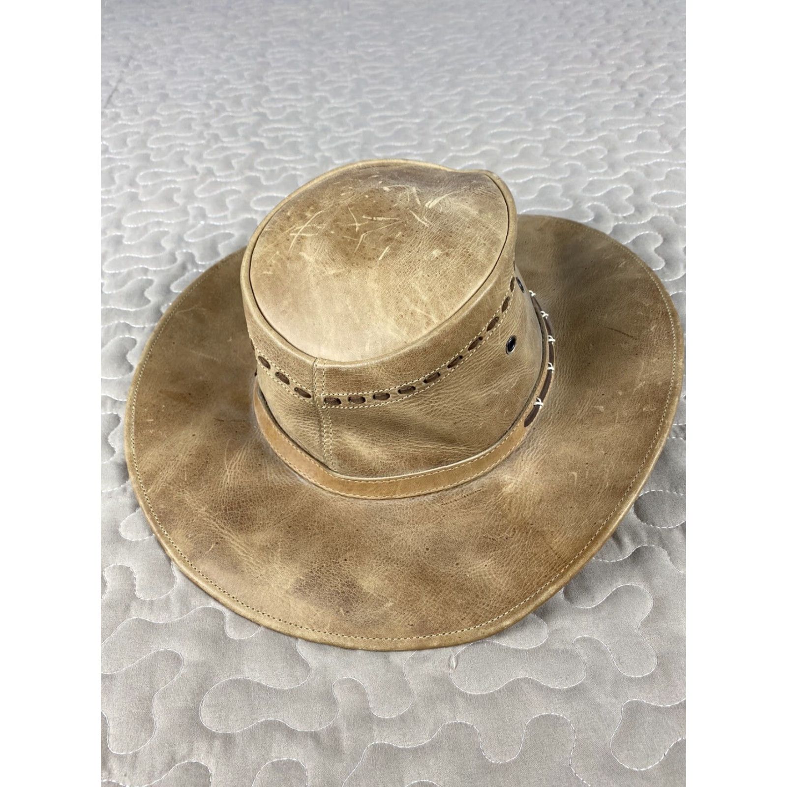 CO VINTAGE Black Bart Villano Hat Co Leather Western Cowboy Hat Outdoorsman Sz M Brown Leather Western Cowboy Hat Mens M Size ONE SIZE - 3 Thumbnail