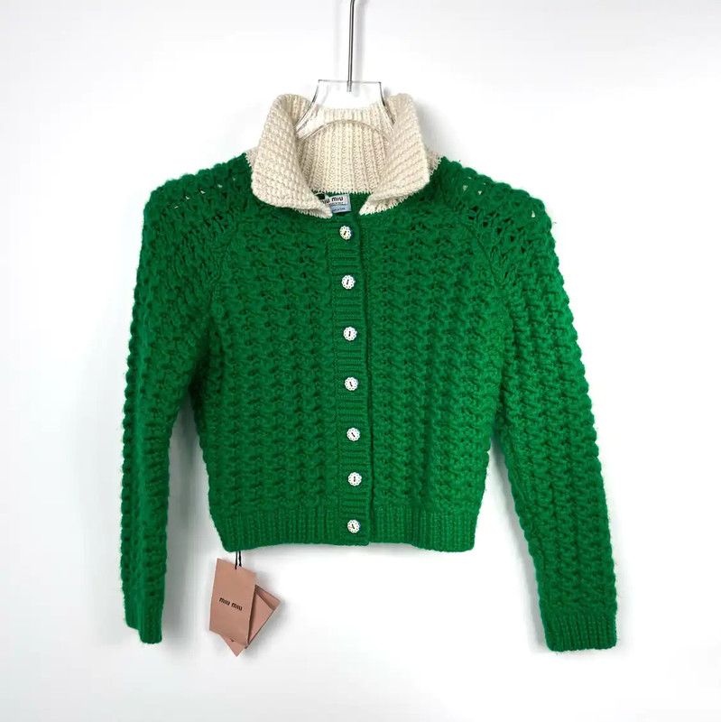 Miu Miu Miu Miu Green Wool Sweater with Cream Collar 0089 Size S / US 4 / IT 40 - 1 Thumbnail