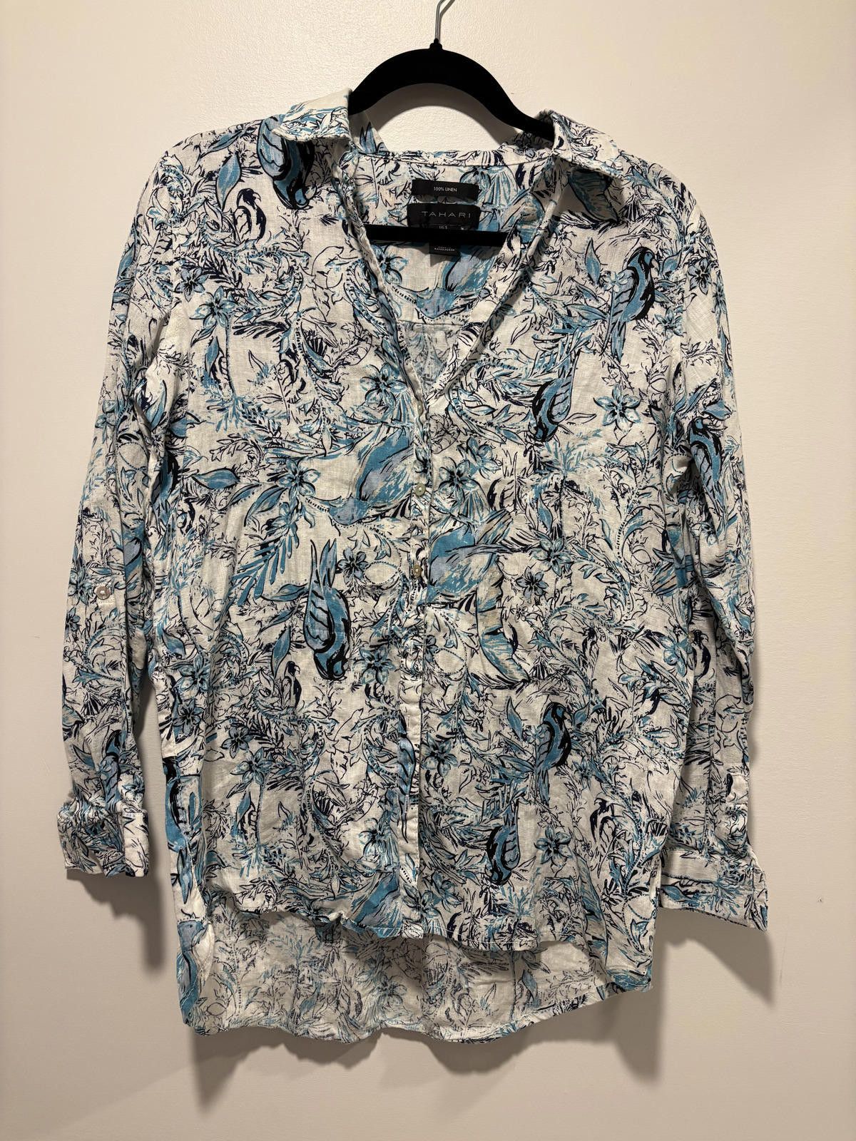 Elie Tahari Tahari Blue & White 100% Linen Floral/Bird Print Blouse Sm Size S / US 4 / IT 40 - 1 Thumbnail