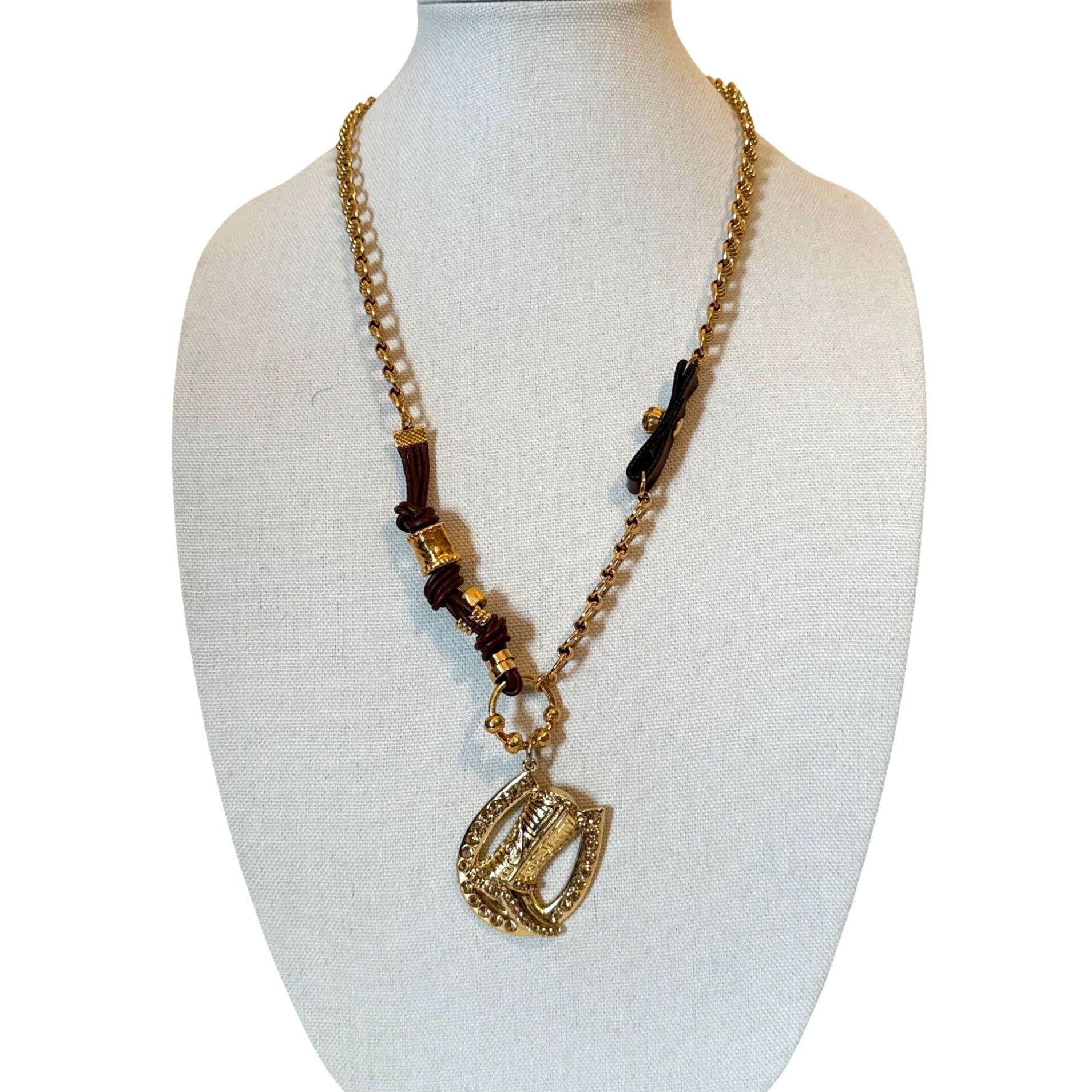 Other Gold Tone & Brown Leather Rhinestone Cowboy Boot Pendant Nec Size ONE SIZE - 2 Thumbnail
