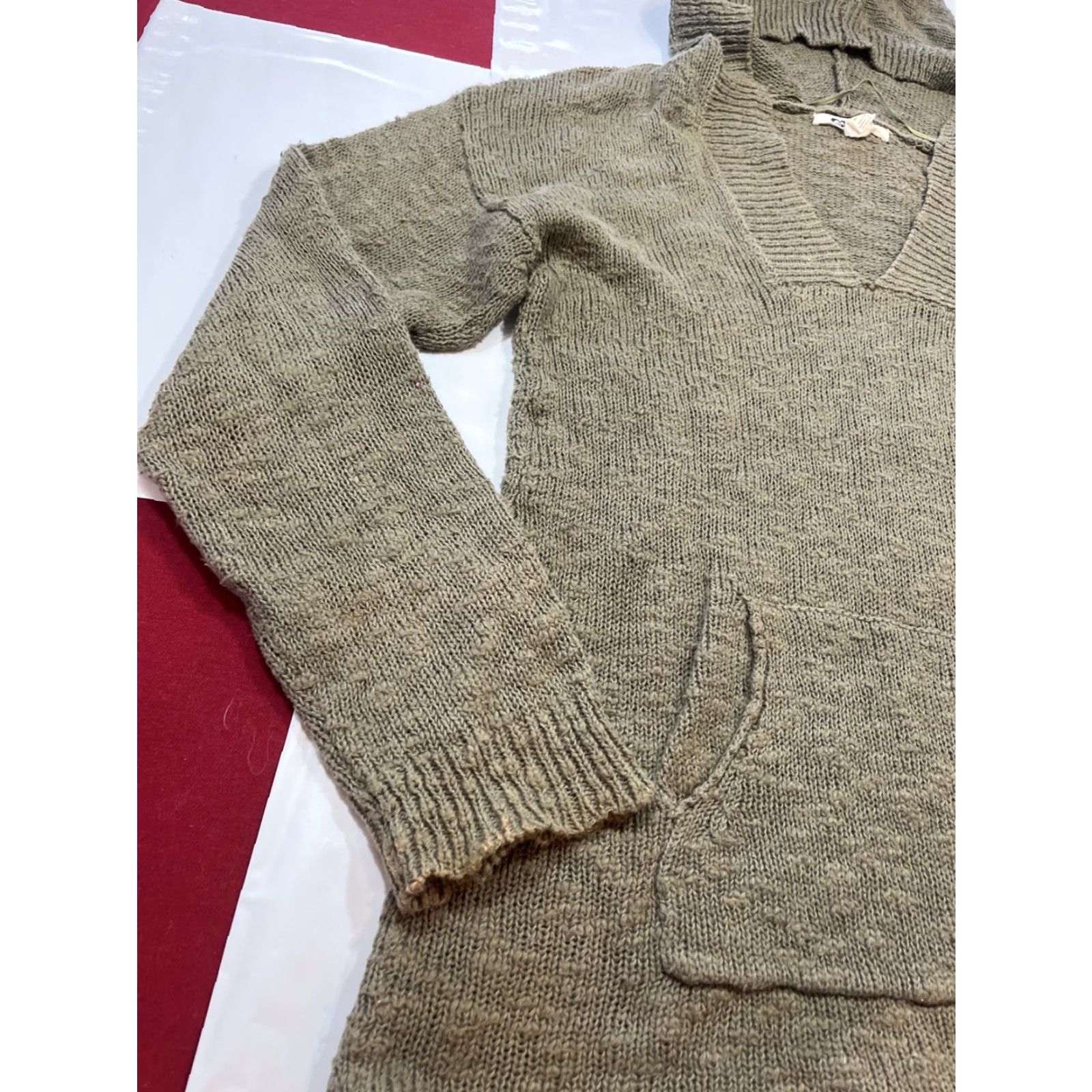 Vintage Roxy Army GREEN Hooded Sweater Knit V Neck front Pocket Slouchy Cotton Women XL Size XL / US 12-14 / IT 48-50 - 5 Thumbnail